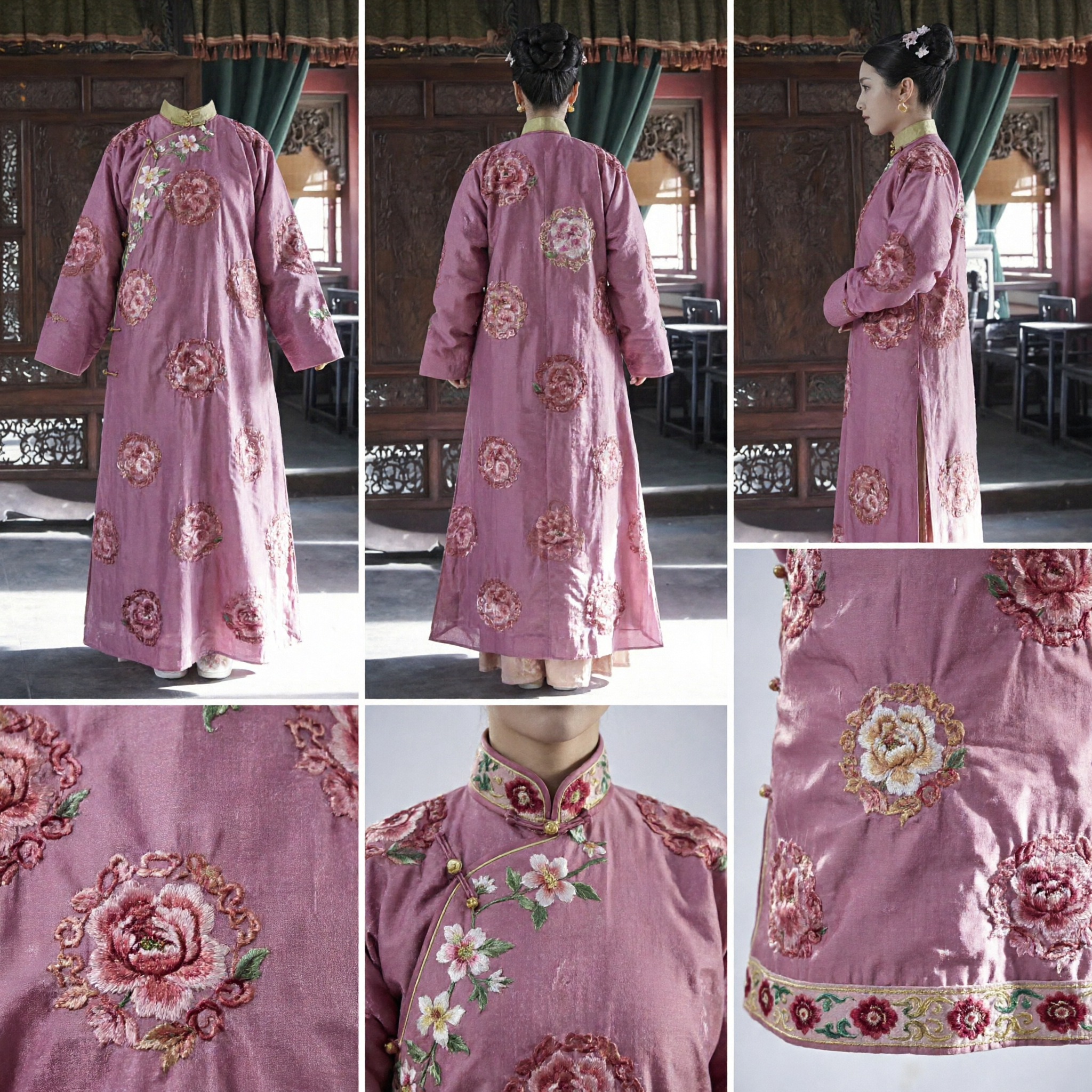 Traditionelles chinesisches rosa antikes Kostüm, Qing-Dynastie-Stil, Floral besticktes Gewand, Hanfu-Kleid für Frauen - Asian Costume