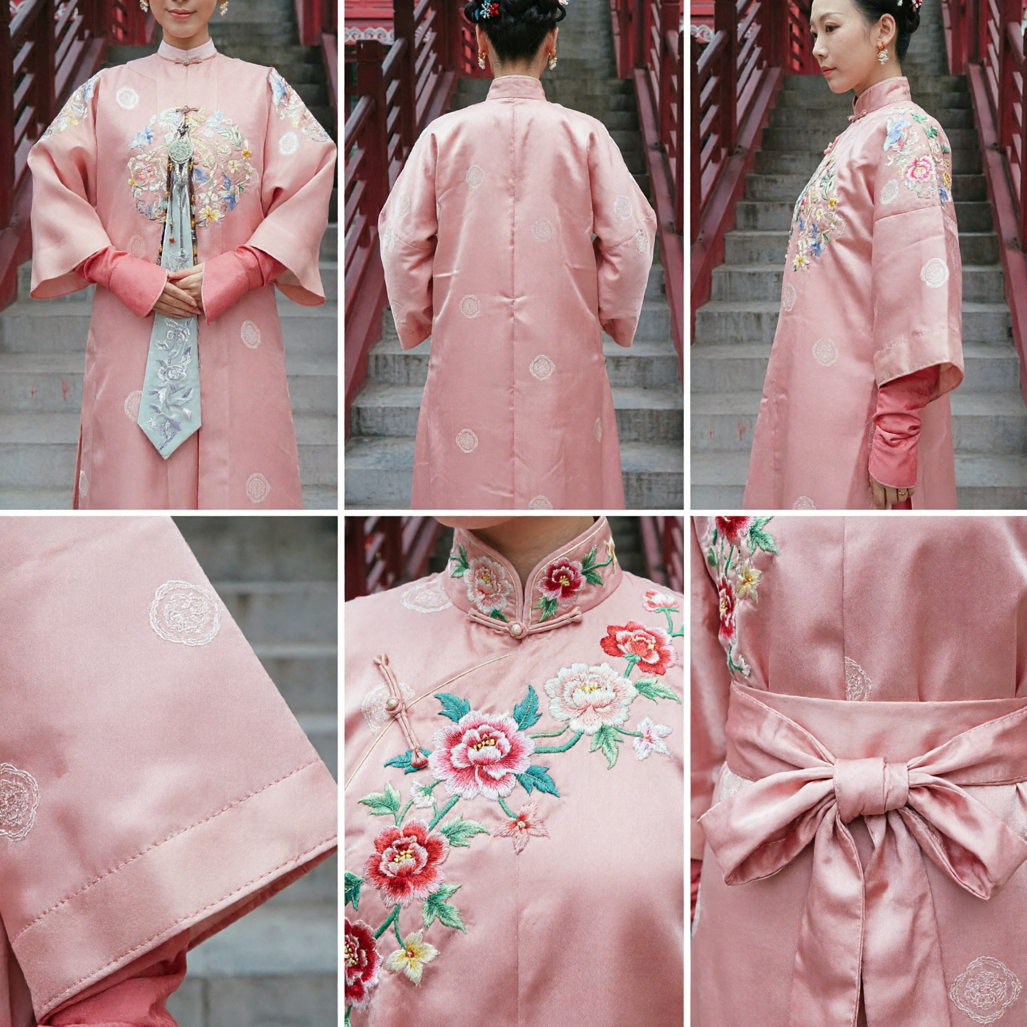 Traje de Dama do Palácio da Dinastia Qing Rosa Tradicional Chinês Robe Manchu Antigo Bordado para Mulheres - Asian Costume