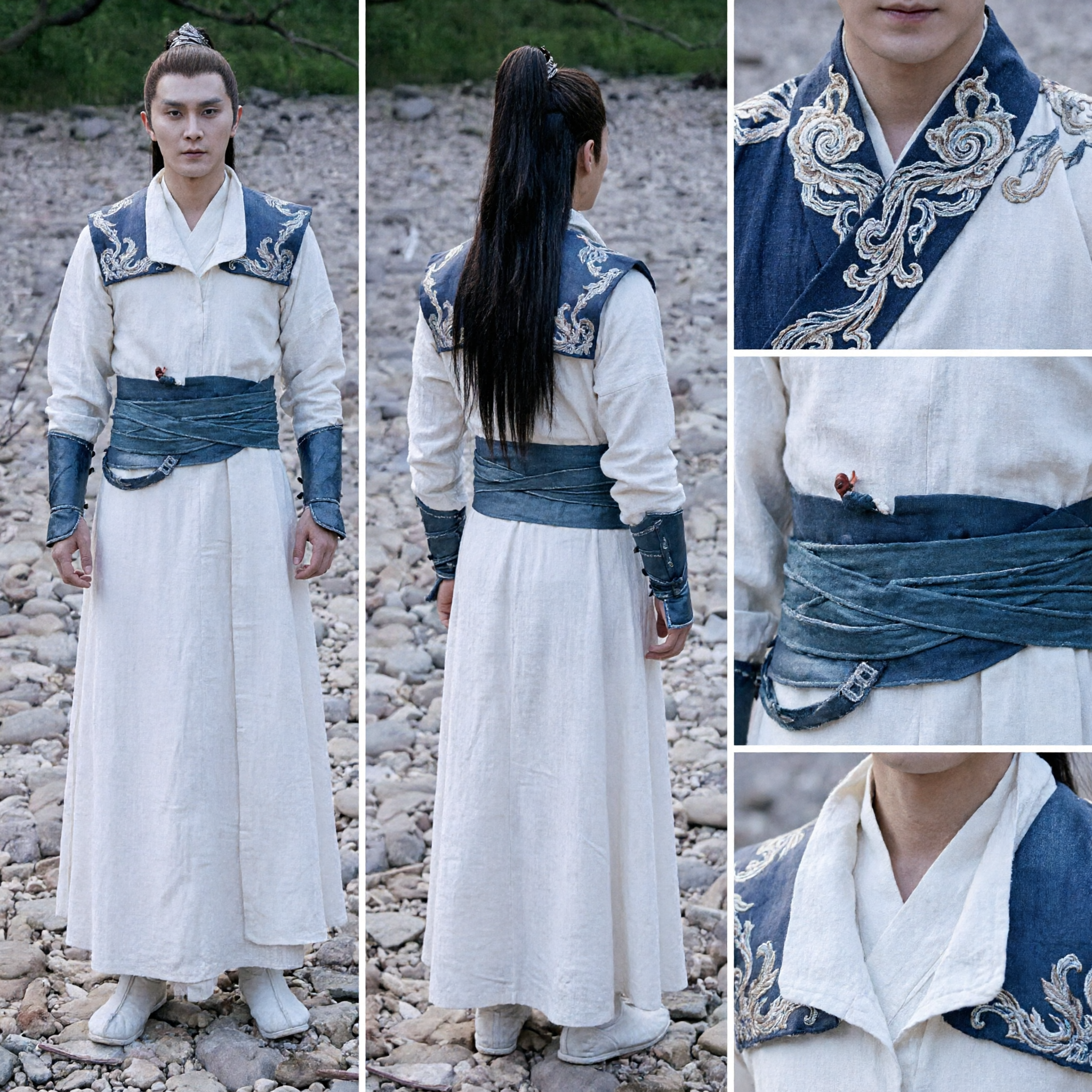Costume de chevalier chinois ancien pour hommes - Hanfu blanc et bleu, robe de swordsman Wuxia pour cosplay et spectacles - Asian Costume