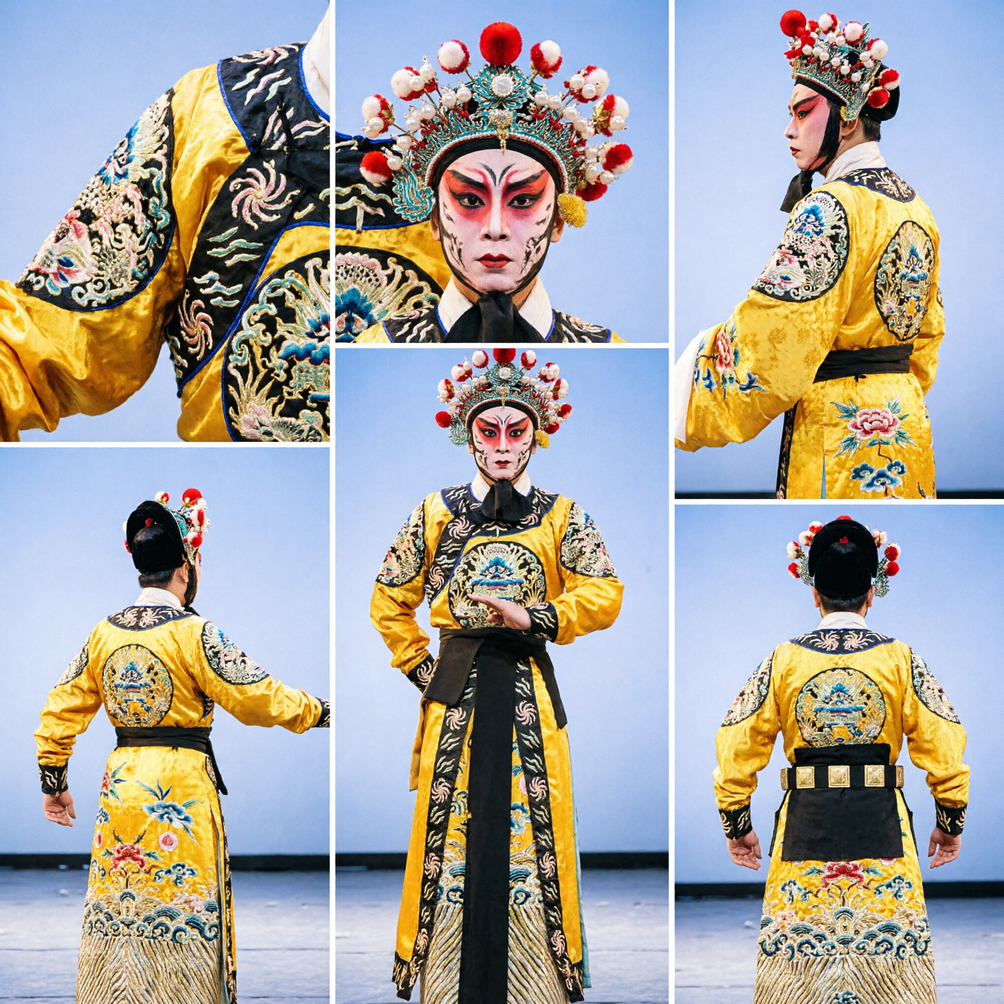 Costume Tradizionale dell'Opera di Pechino Cinese, Veste Gialla Ricamata Set Completo per Artisti Maschili per Spettacoli Teatrali - Asian Costume
