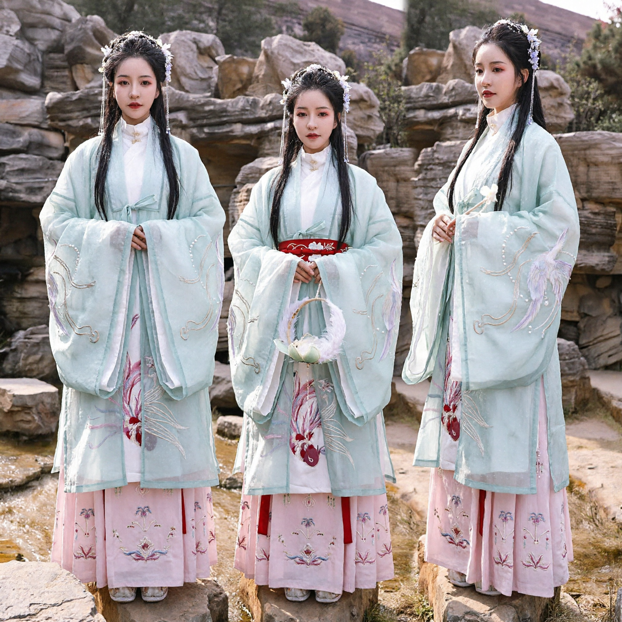 Elegancki zestaw Hanfu z dynastii Ming dla kobiet, haftowany miętowo-zielony wierzchni płaszcz i różowa plisowana spódnica, tradycyjny strój - Asian Costume