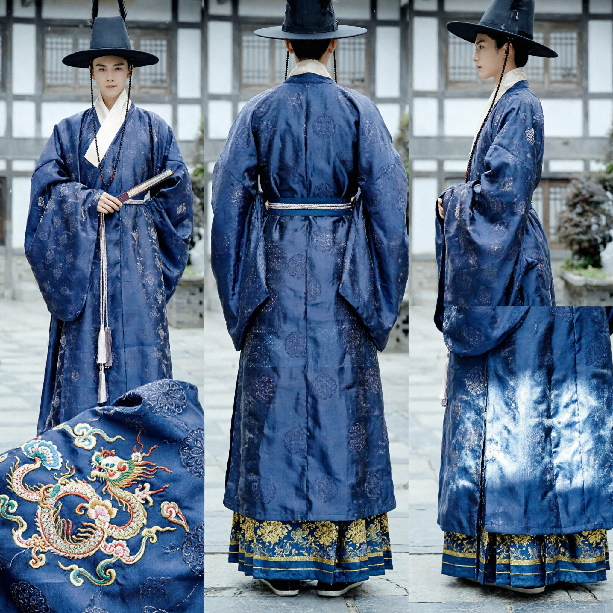 Traje Hanfu Tradicional Chinês para Homens, Traje de Estudioso Antigo, Robe de Brocado Azul com Chapéu de Penas para Cosplay e Fotografia - Asian Costume