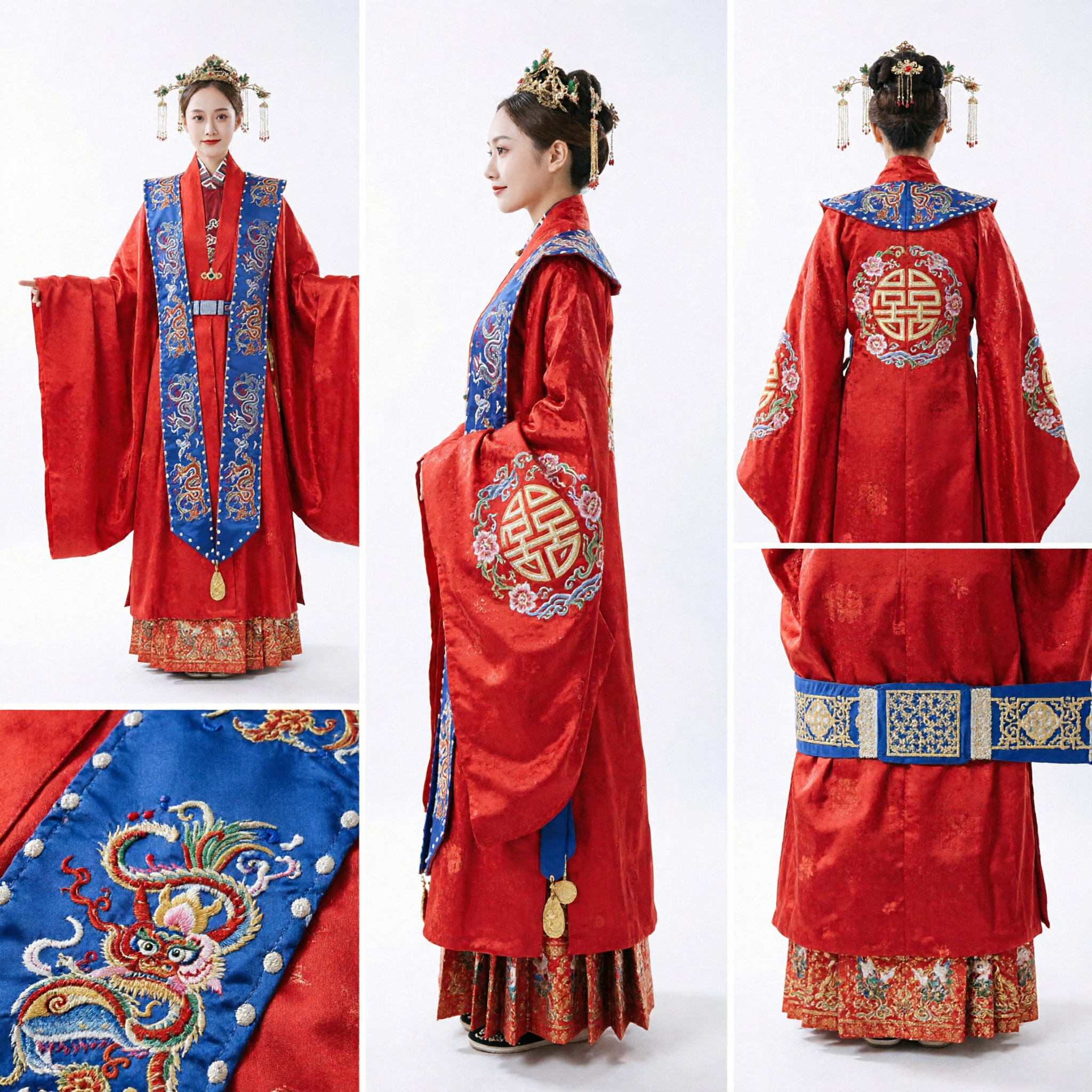 Traditional Chinese Wedding Hanfu Red Gown Ancient Ming Dynasty Style Bride Costume with Embroidered Blue Stole - Asian Costume