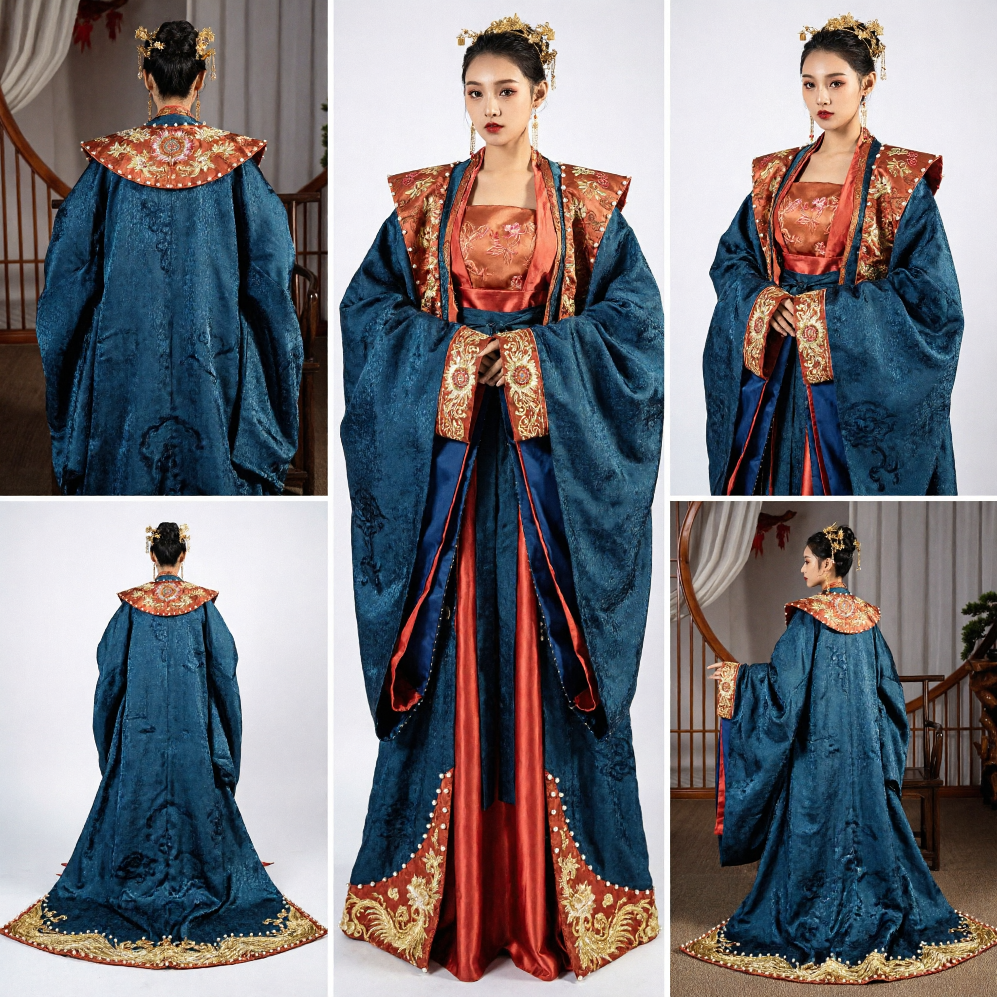 Hanfu de Princesa da China Antiga - Vestido de Casamento Tradicional da Dinastia Tang com Robe Azul Bordado e Saia Vermelha para Mulheres - Asian Costume