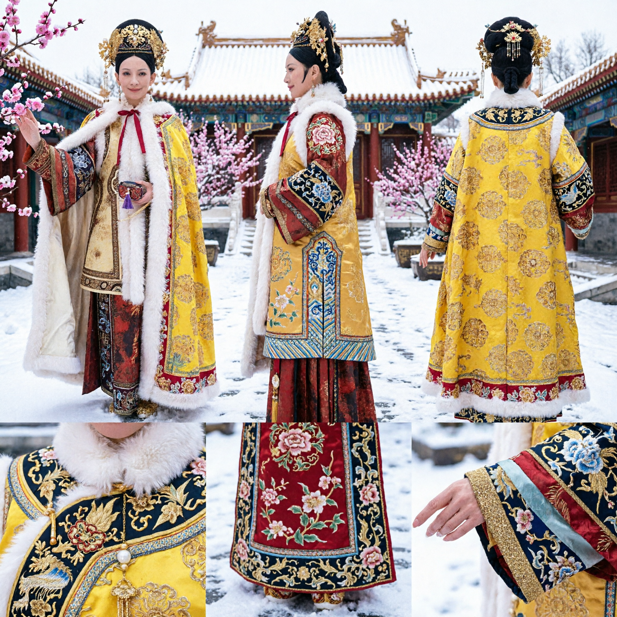 Traje Tradicional de Antigua Emperatriz China para Mujer, Túnica Amarilla Bordada con Ribete de Piel para Cosplay y Espectáculos - Asian Costume