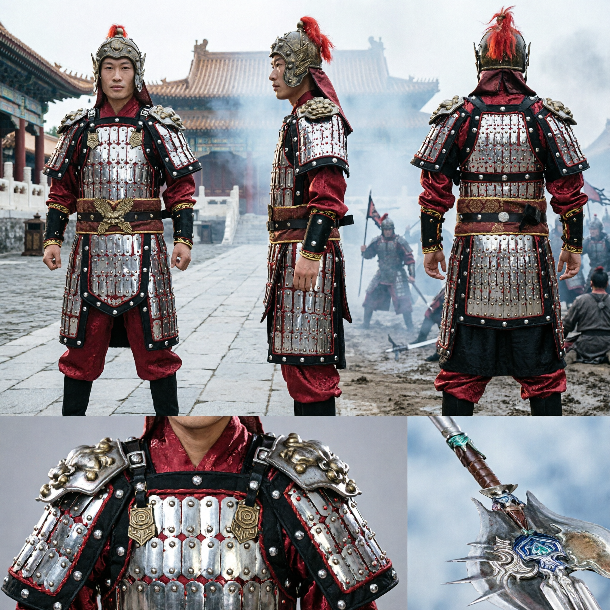 Komplette antike chinesische General-Krieger-Rüstung Cosplay-Kostüm für Herren mit Helm und Speer-Requisit - Asian Costume