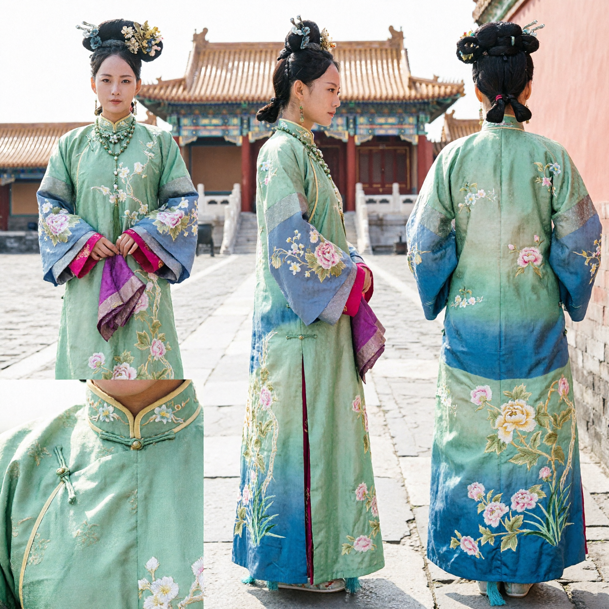 Costume tradizionale cinese da Principessa Manciù della Dinastia Qing, Vestito Verde con Ricami Floreali per Donne per Fotografia in Palazzo - Asian Costume