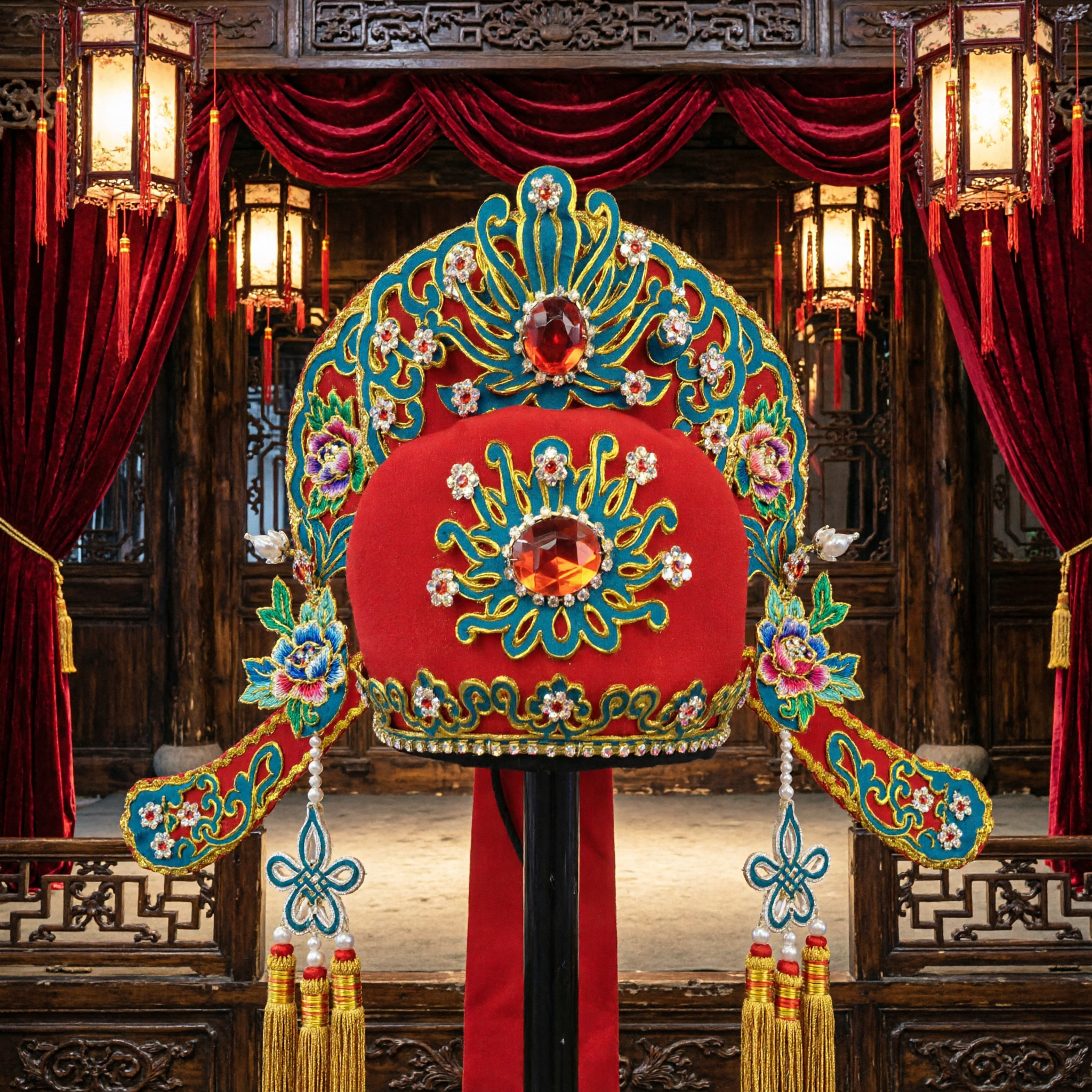 Chapéu de Estudante Vermelho da Ópera de Pequim Tradicional Chinesa, Toucado Antigo de Noivo para Casamento, Acessório de Traje Bordado - Asian Costume