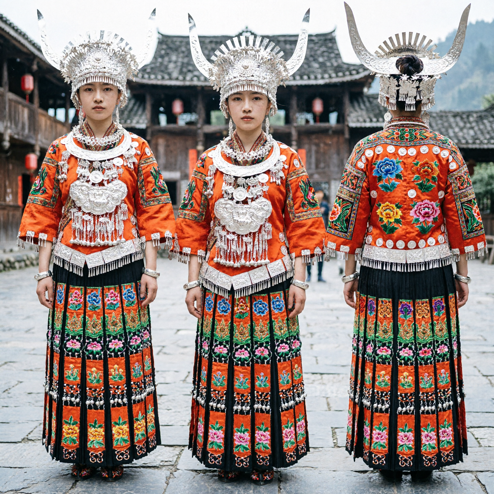 Traje Tradicional da Minoria Miao Chinesa, com Elaborado Tocado de Prata e Vestido Vermelho Bordado para Performance no Palco - Asian Costume