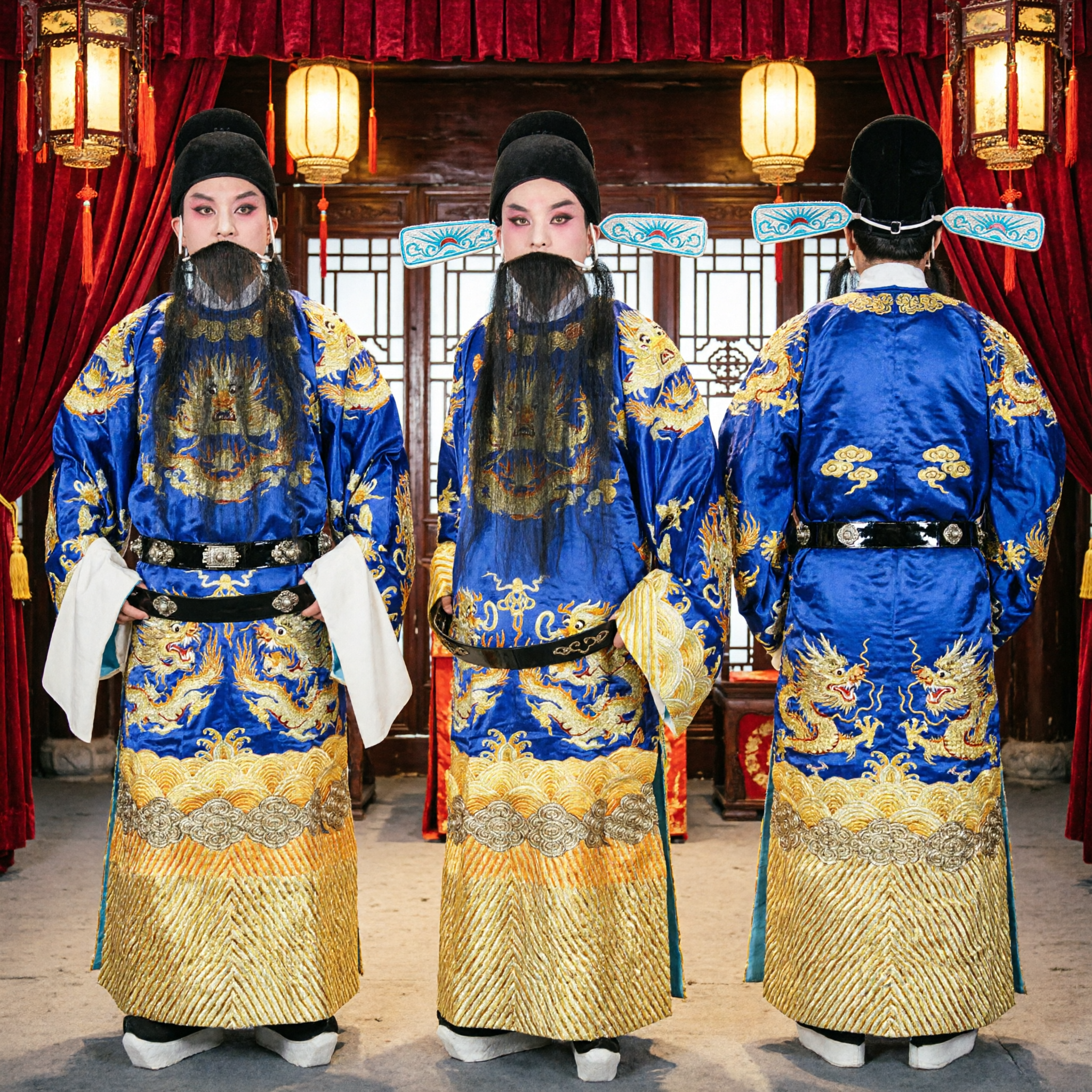 전통 중국 경극 파란색 용 로브 의상 완전 세트 모자와 수염 포함 남성 무대 공연용 - Asian Costume