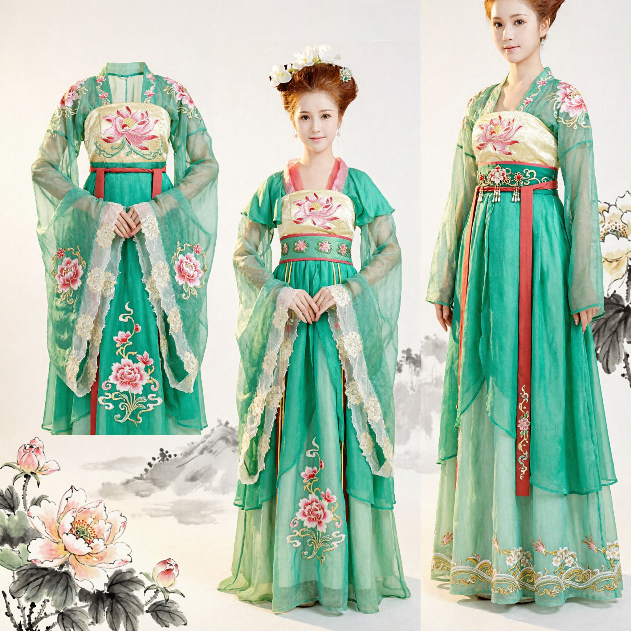 Hanfu élégant vert de la dynastie Tang - Costume ancien traditionnel chinois pour femmes pour cosplay, photographie et spectacle - Asian Costume