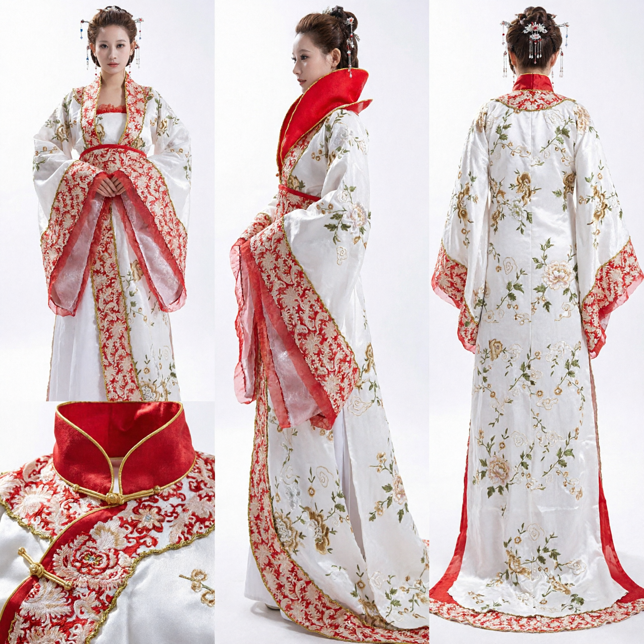 Traje Tradicional Chinês Hanfu Vestido Antigo de Princesa Branco e Vermelho com Bordado Floral Roupa de Performance para Mulheres - Asian Costume
