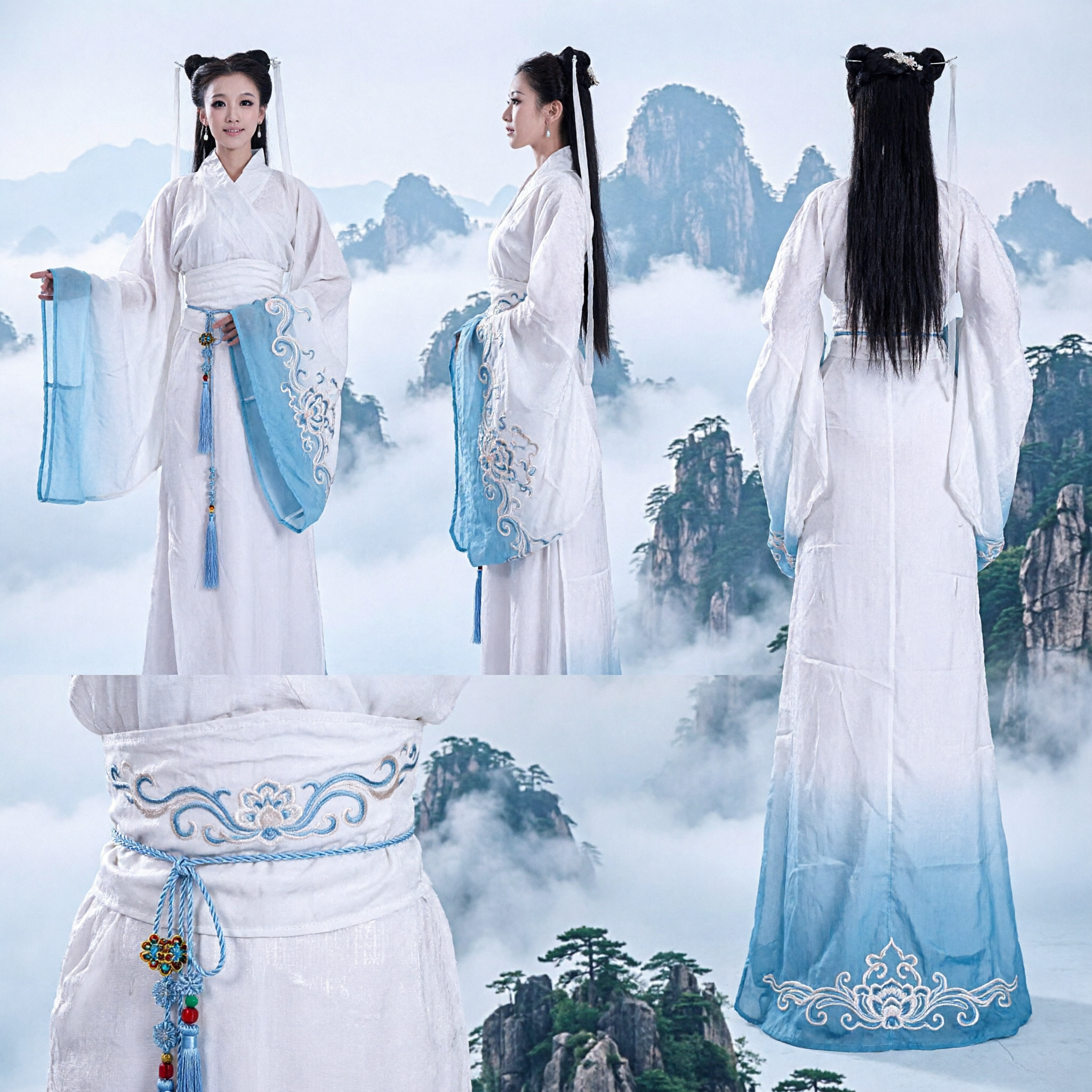 Elegant Wit en Blauw Traditioneel Chinees Hanfu Kostuum Oud Feeënkleed Wijdmouwgewaad voor Vrouwen - Asian Costume