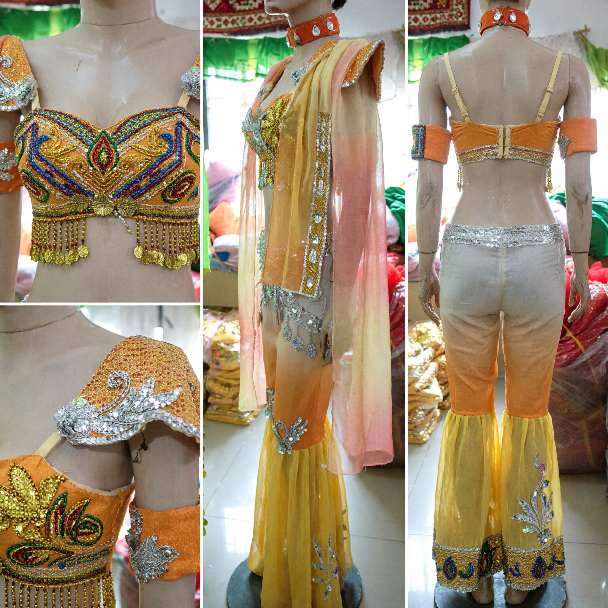 Set Professionale Costume per Danza del Ventre Giallo Sfumato Reggiseno con Paillettes Cintura Pantaloni Outfit da Performance sul Palco - Asian Costume