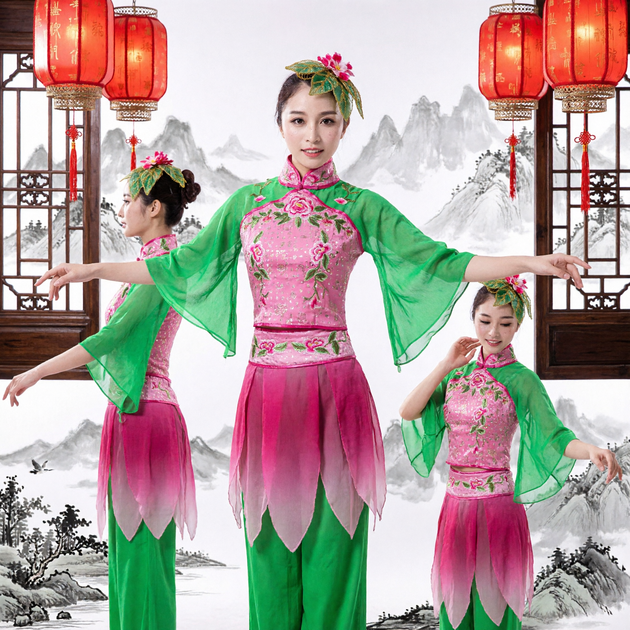 Traje Tradicional Chinês de Dança Folclórica Verde e Rosa com Flores para Performance de Dança Yangge com Leque para Mulheres - Asian Costume