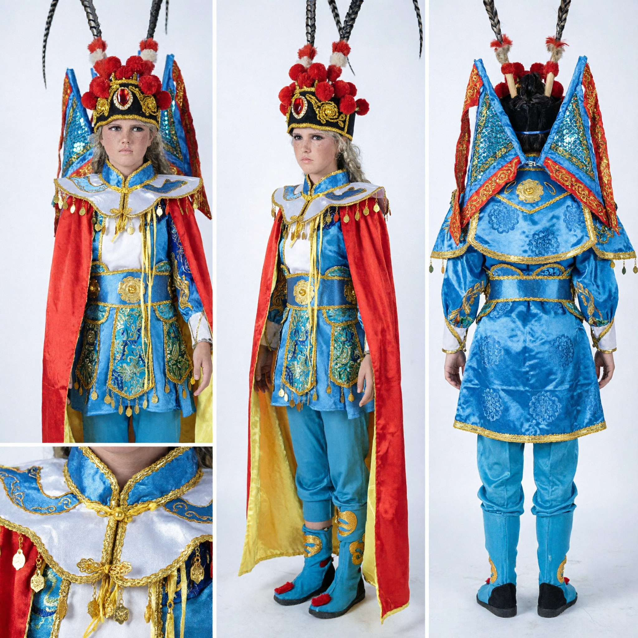 Kinder Peking-Oper-General-Kostüm, Peking-Oper-Krieger-Rüstungs-Outfit mit Federn für Jungen, Bühnenaufführung - Asian Costume