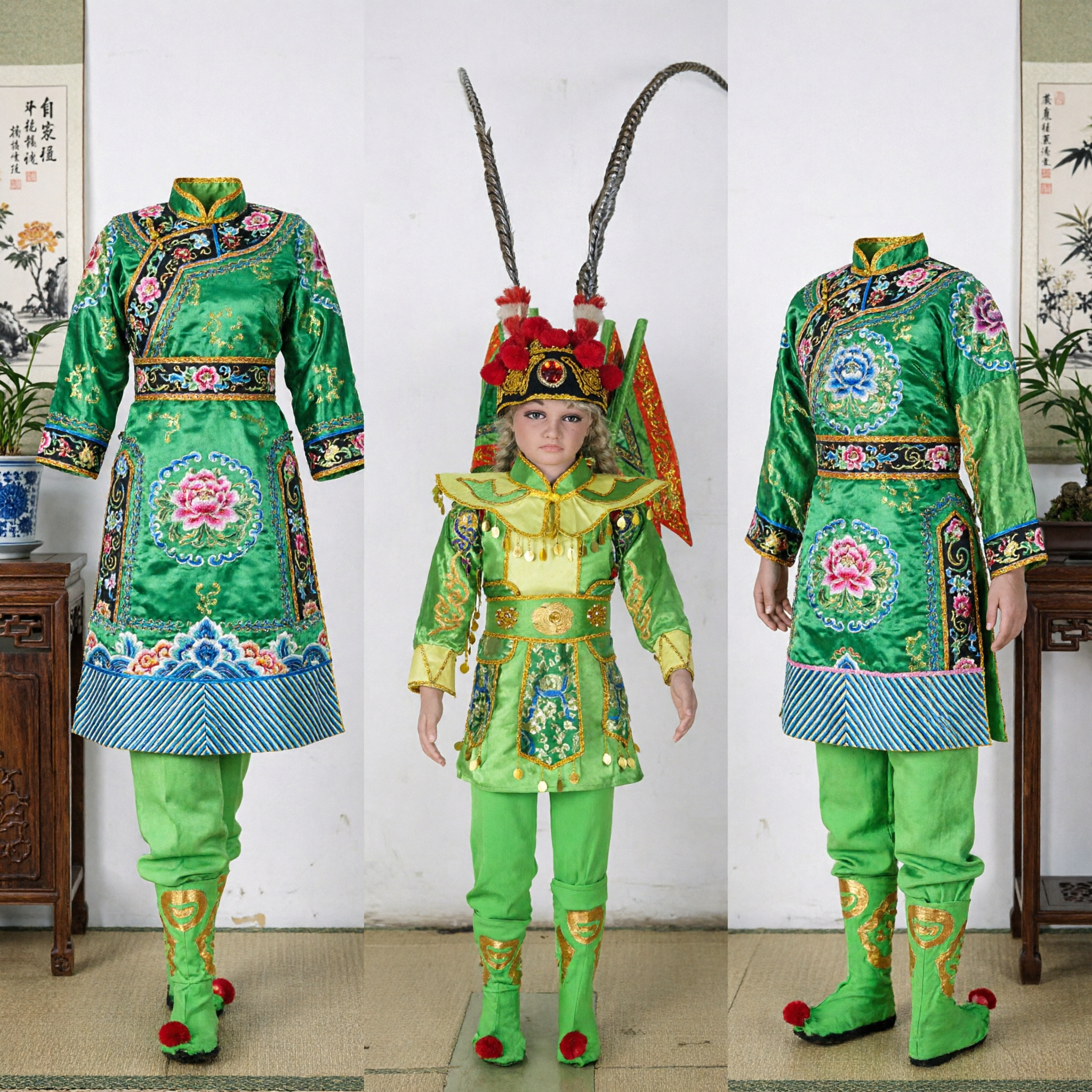 Dziecięcy strój opery pekińskiej, zielony strój generała-wojownika z pióropuszem na występy sceniczne - Asian Costume