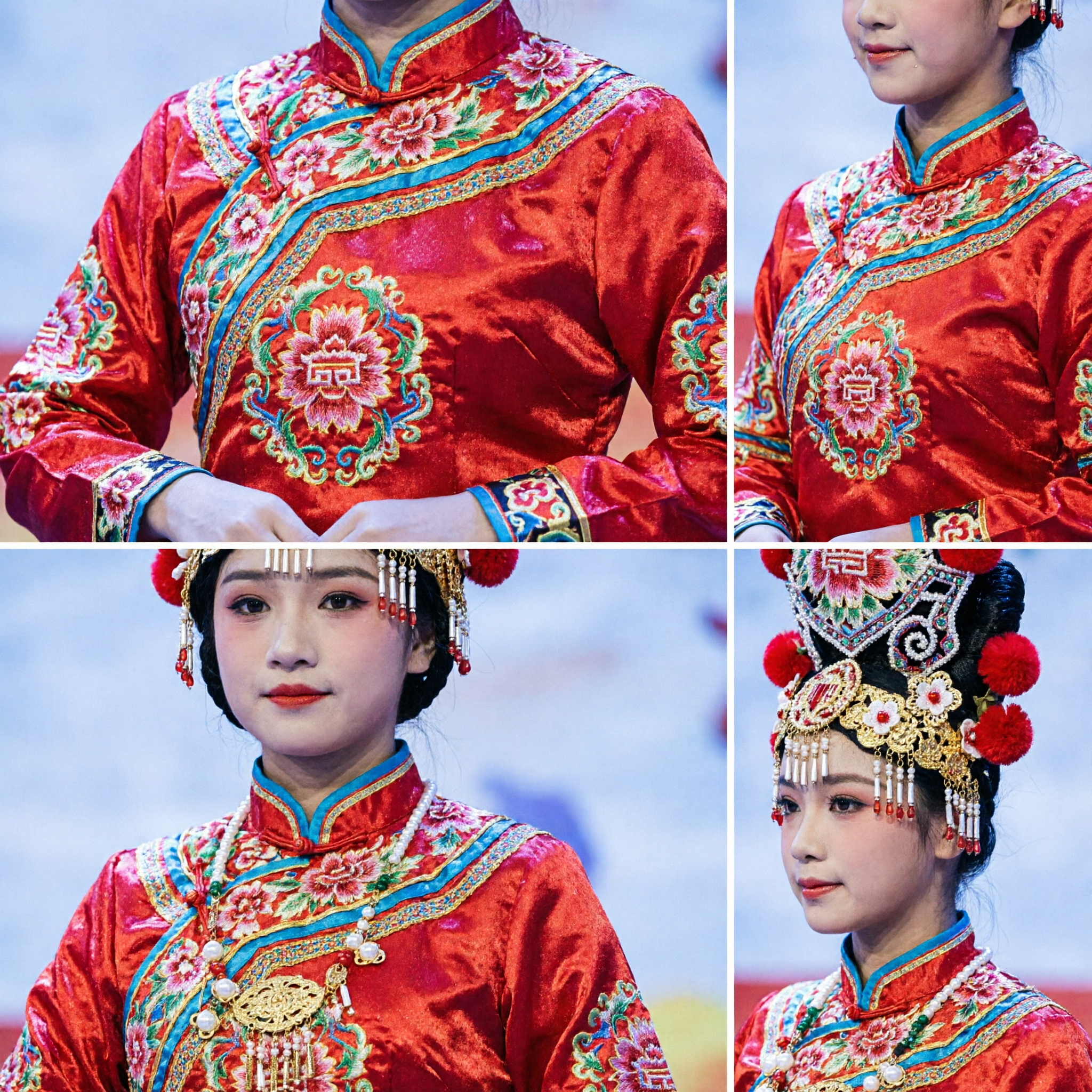 Traditioneel Chinees Folkloristisch Danskostuum voor Kinderen Meisjes Rood Goud Borduurwerk met Fazantenveer Hoofdtooi Podiumoptreden Outfit - Asian Costume