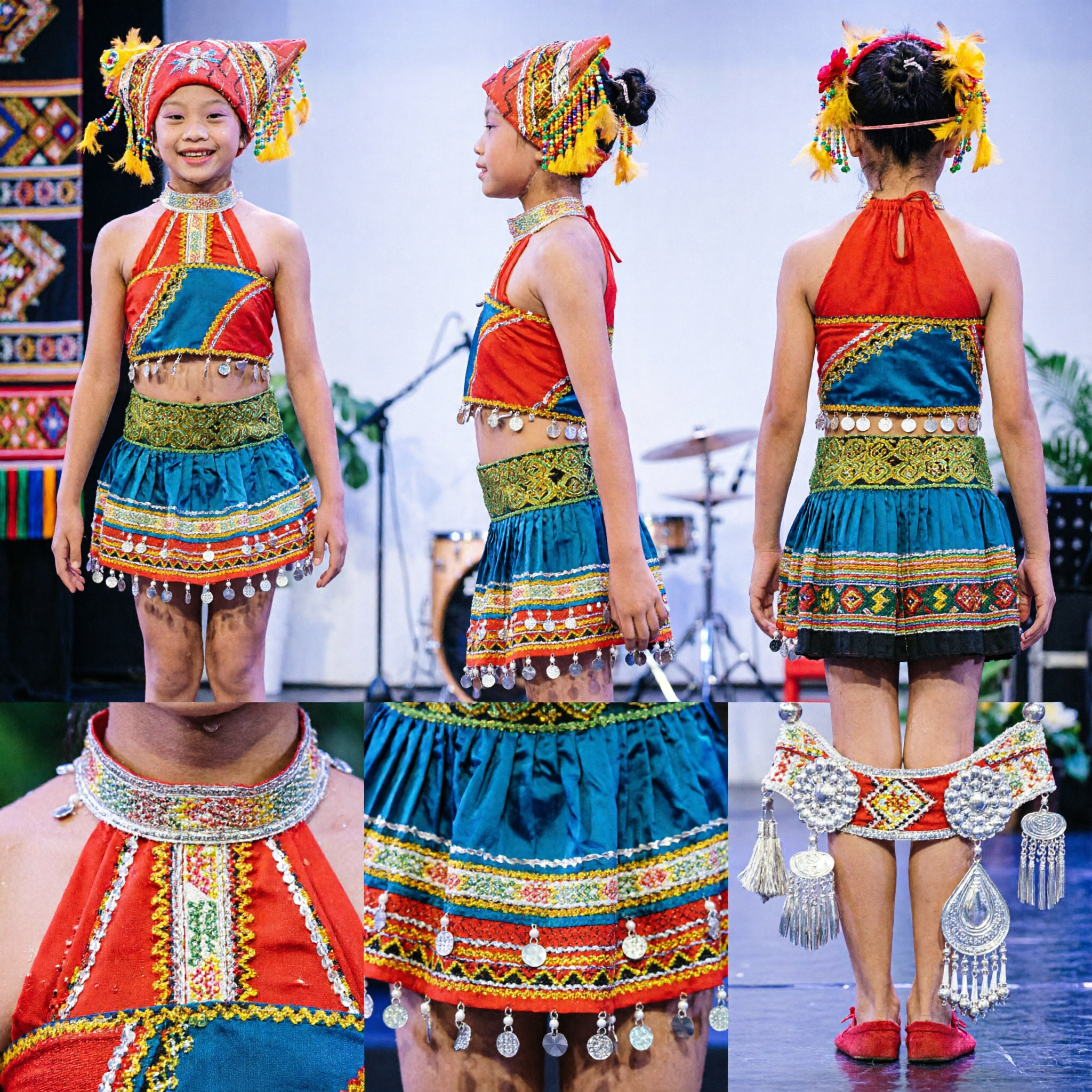 Traje de Danza Folclórica Étnica China para Niñas Vestido Tradicional de la Minoría Miao para Presentaciones en Escenario con Cintas Coloridas - Asian Costume