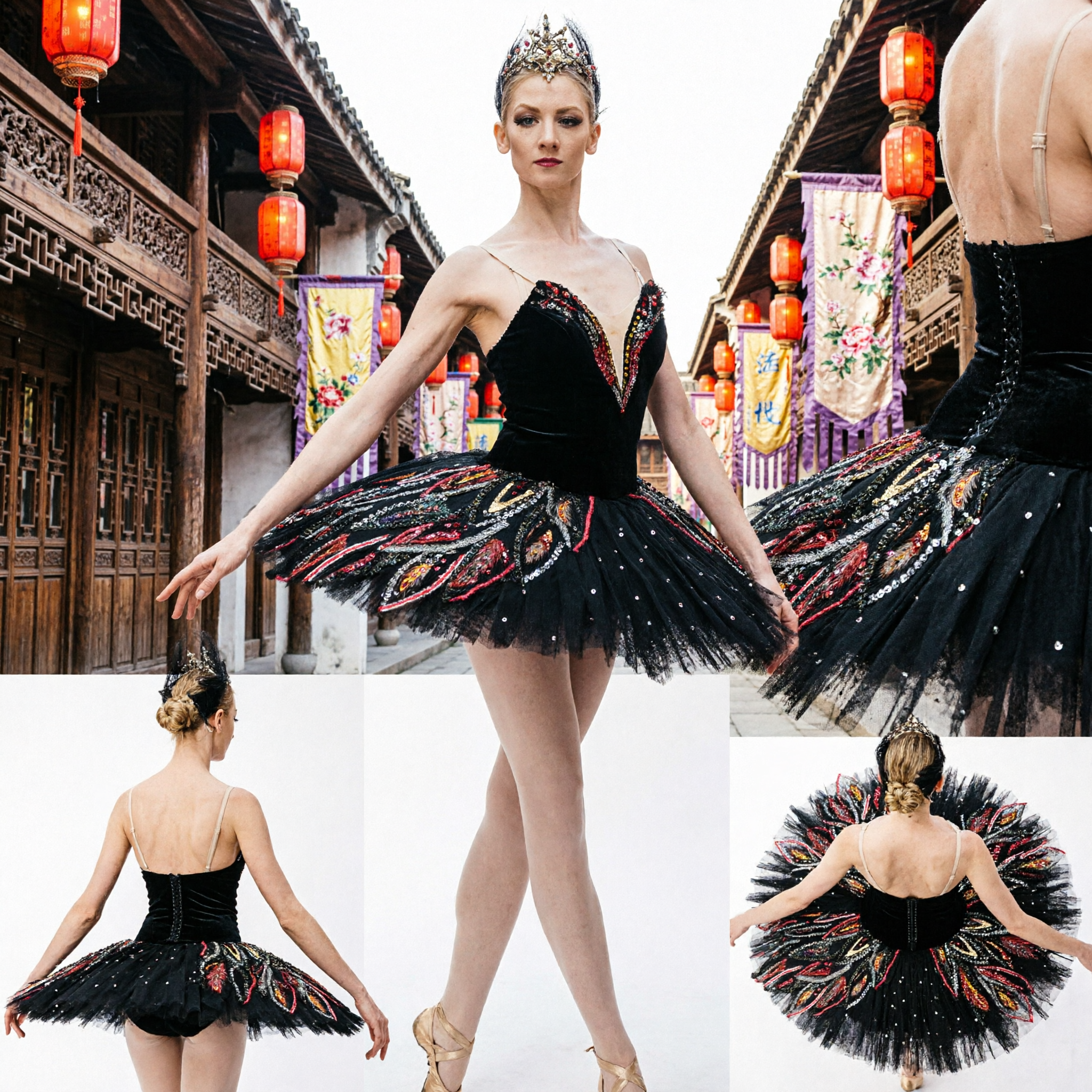 Robe tutu de ballet Le Lac des cygnes noir pour femmes, costume de performance scénique professionnel avec broderie sequin et tiare - Asian Costume