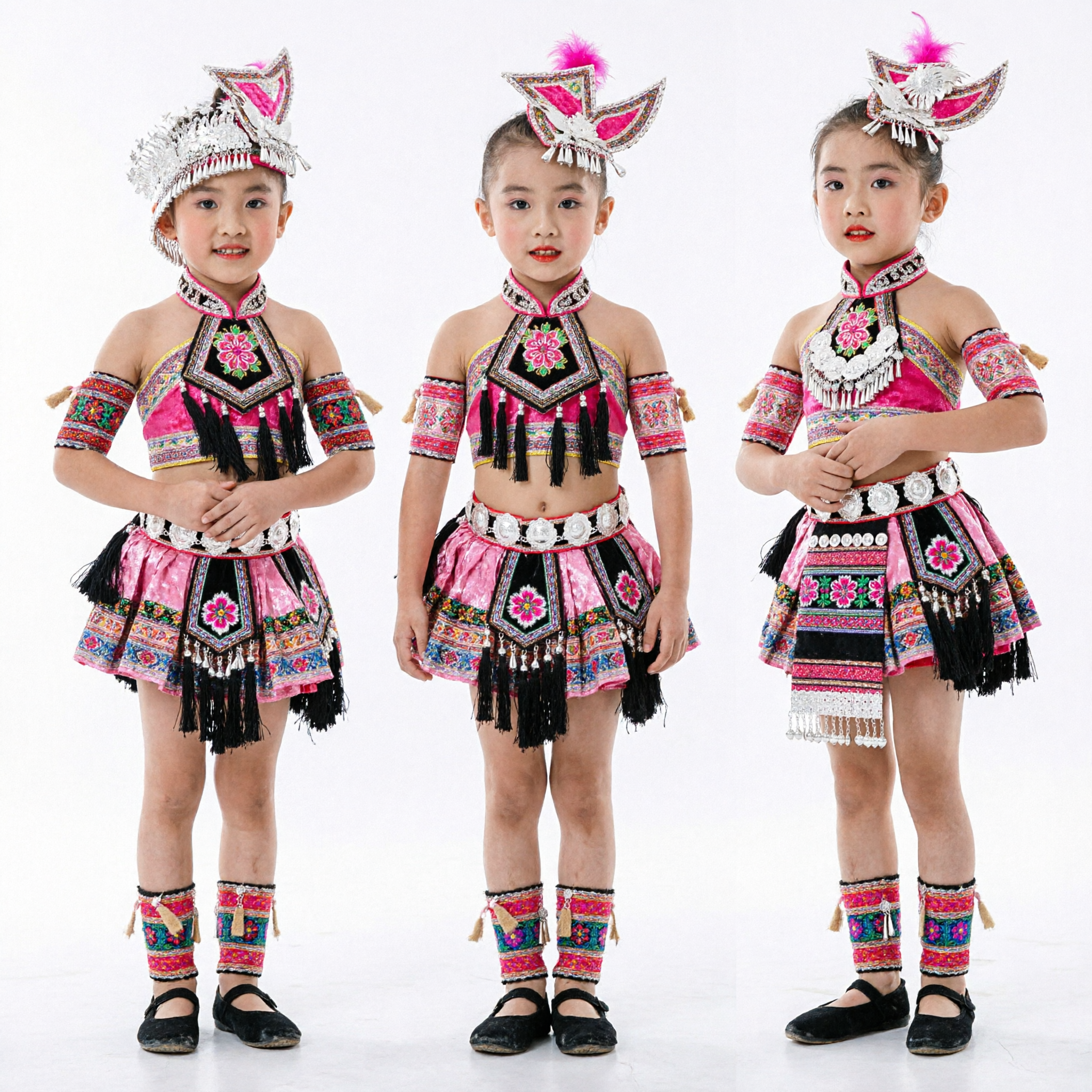 Traje Tradicional de Danza Miao para Niños, Conjunto Étnico Rosa para Presentaciones Escénicas y Espectáculos Culturales - Asian Costume