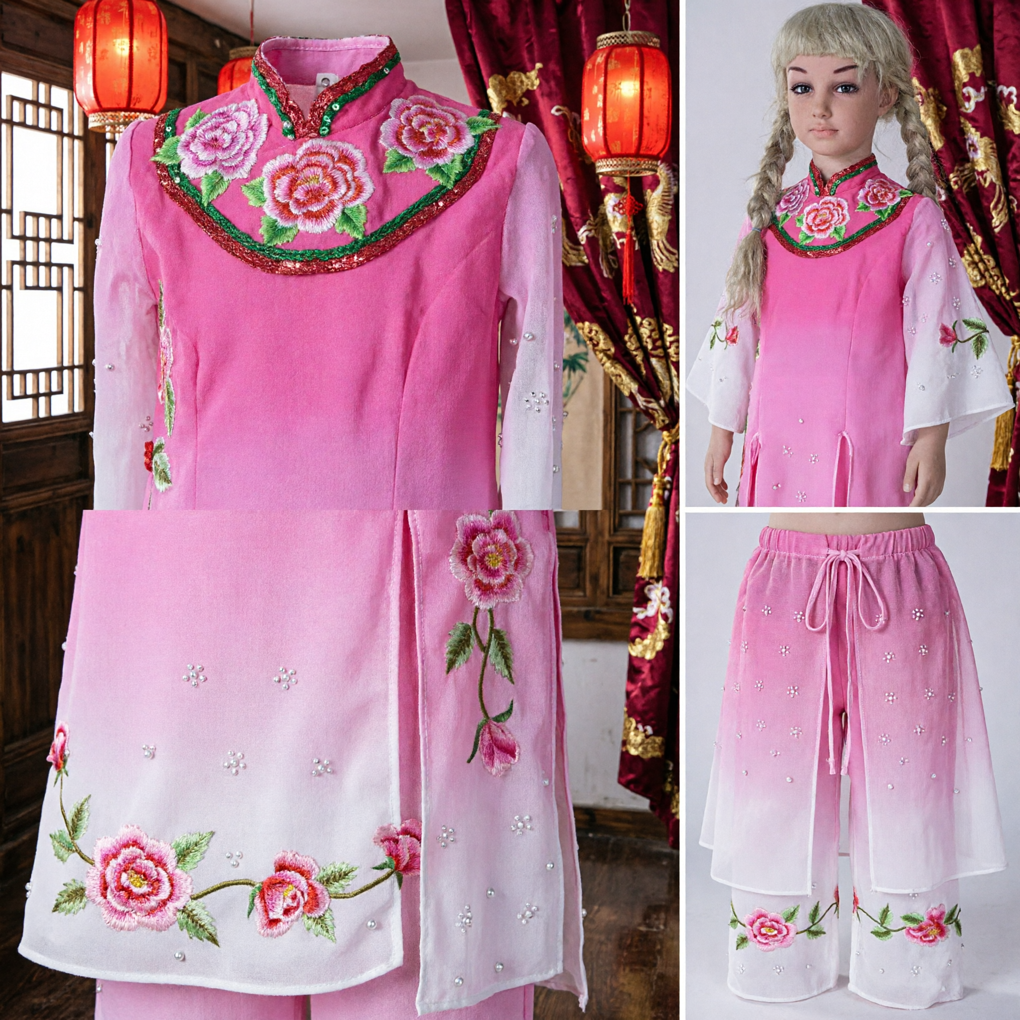 Meisjes Roze Vietnamese Ao Dai Traditionele Jurk Bloemenborduursel Tet Festival Optredenkostuum Set - Asian Costume