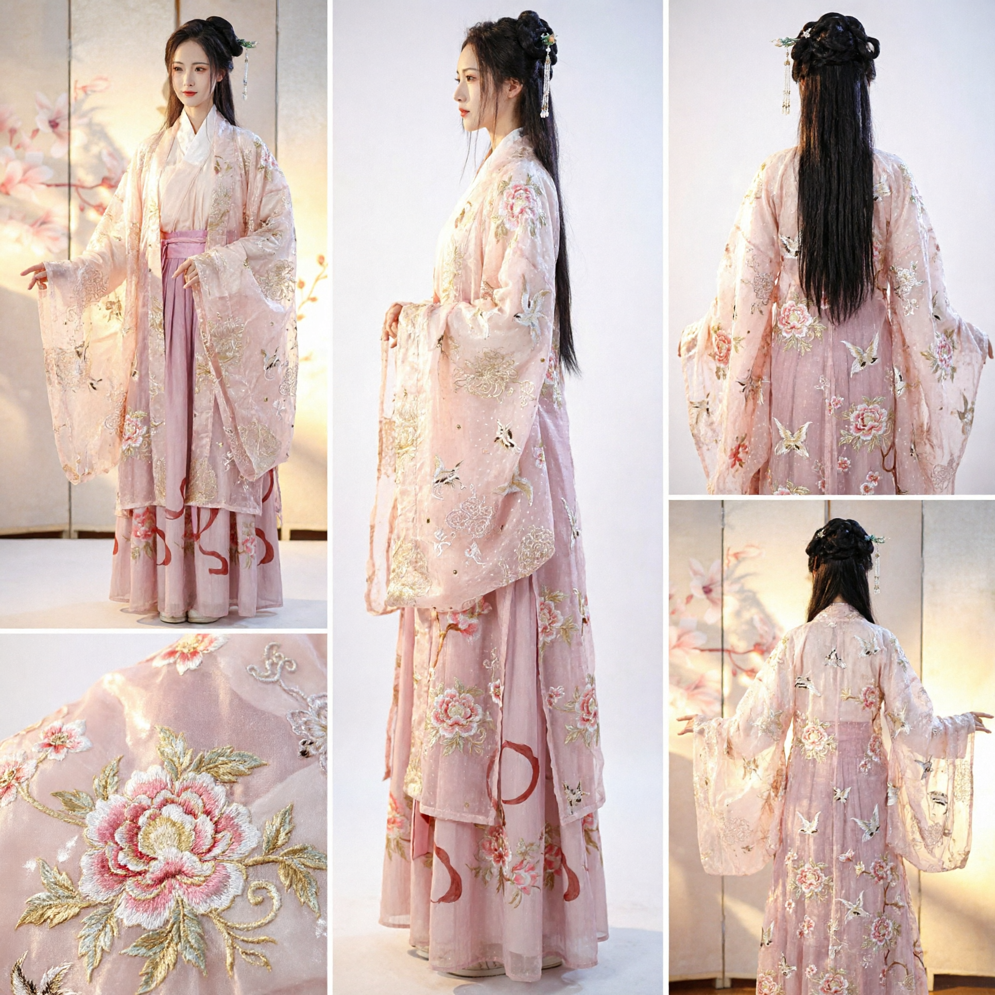 Traditionelles chinesisches Hanfu-Kostüm Antikes Feenkleid Rosa besticktes Robenset mit weiten Ärmeln für Frauen - Asian Costume