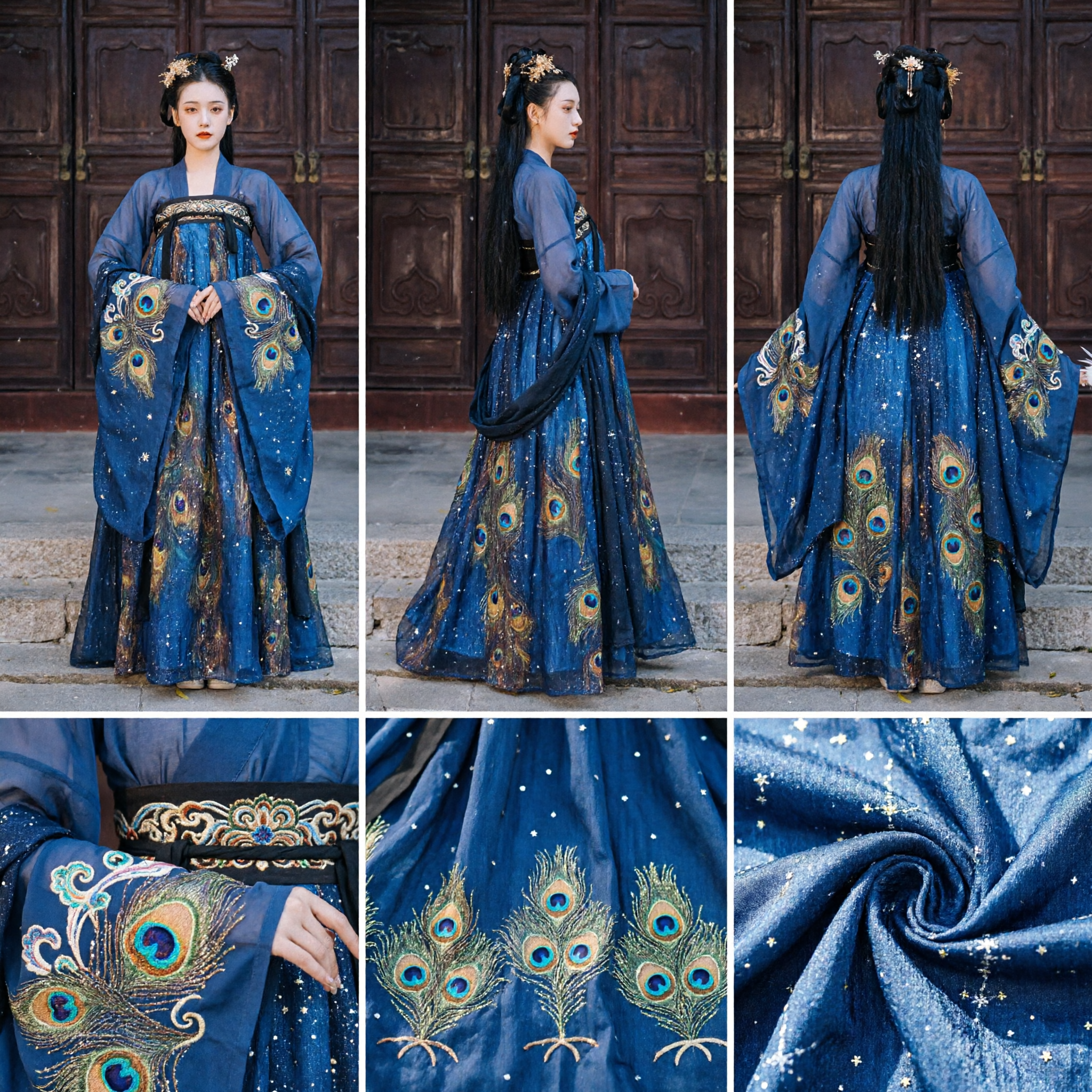 Costume Hanfu della Dinastia Tang Cinese Tradizionale Abito Antico da Palazzo Blu con Stampa Pavone per Donne per Fotografia - Asian Costume
