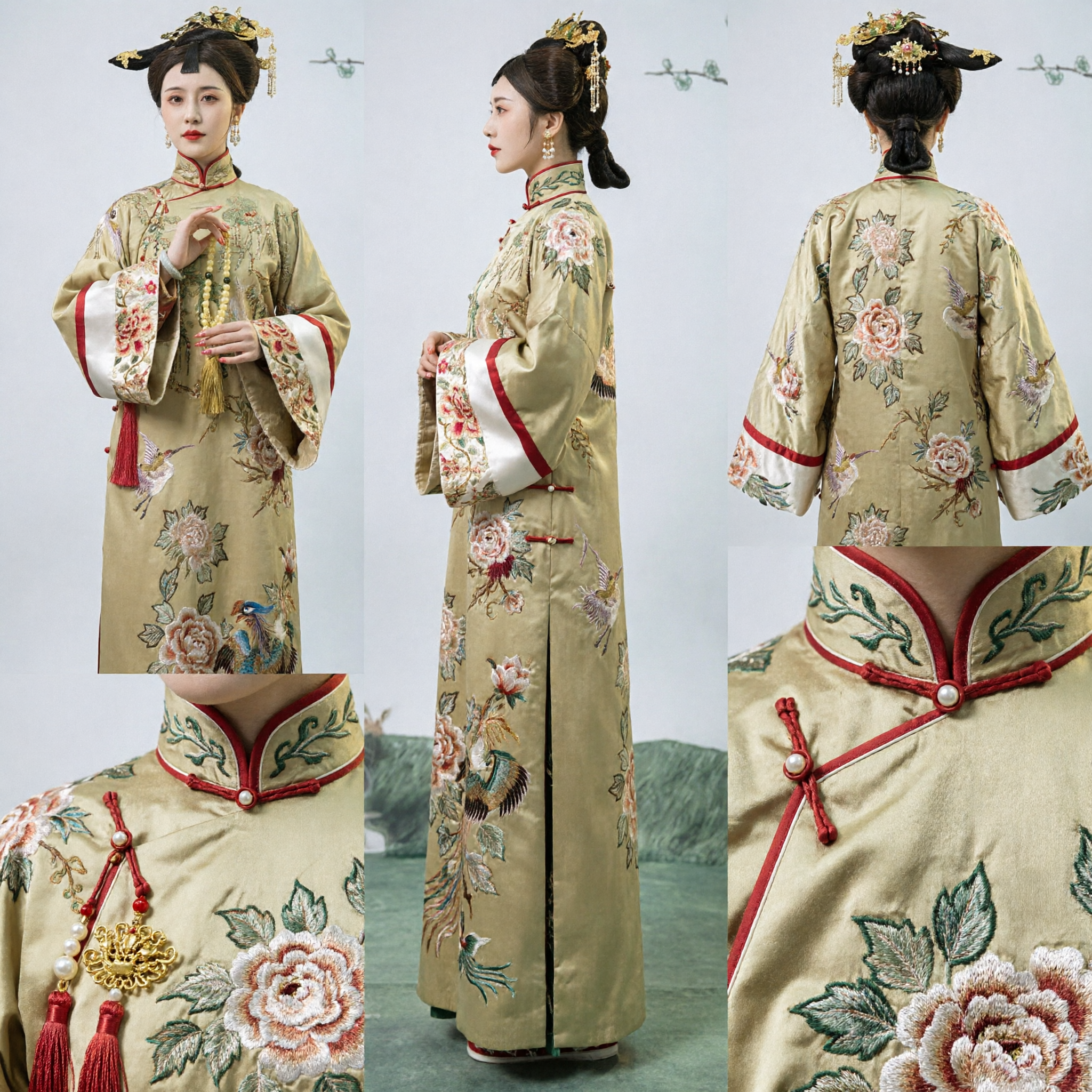 Robe traditionnelle chinoise ancienne élégante jaune-vert avec broderie florale pour le cosplay et la photographie historique féminins - Asian Costume