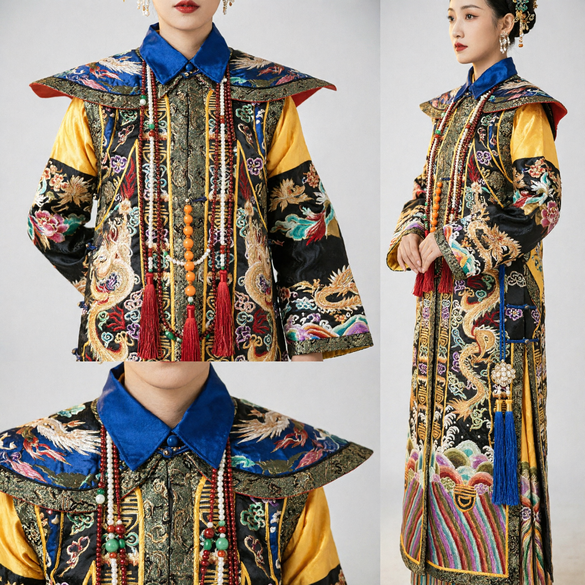 Costume traditionnel chinois de la dynastie Qing, robe du dragon noir de l'impératrice avec coiffe élaborée pour le cosplay féminin - Asian Costume