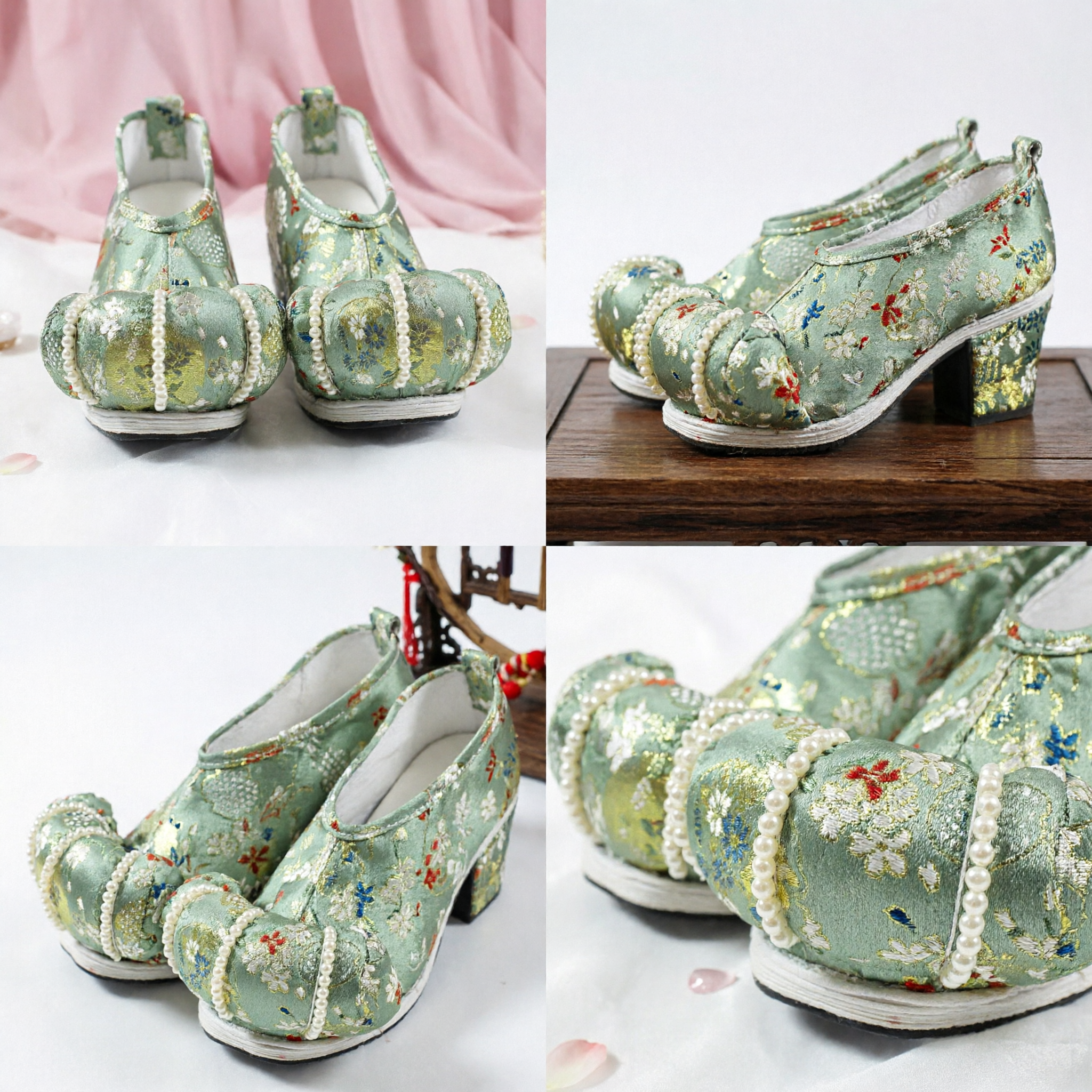 Chaussures Hanfu traditionnelles chinoises vertes brodées avec perles, chaussures anciennes à motif de nuages pour femmes - Asian Costume