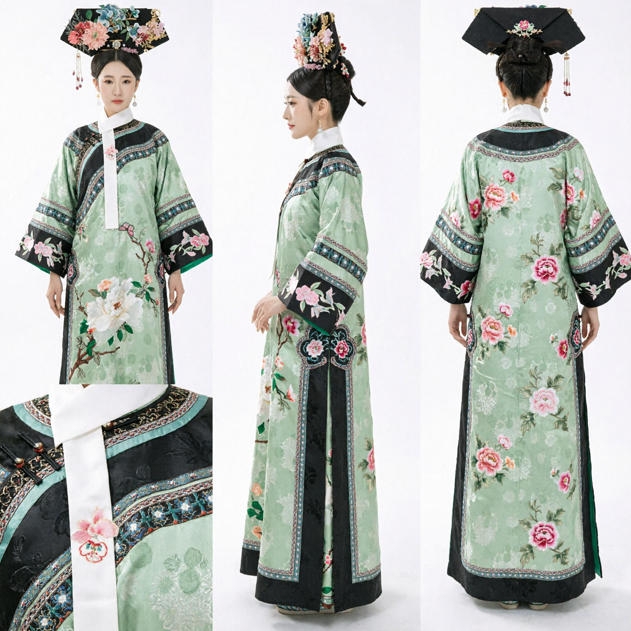 Traje Completo Tradicional Chinês da Dinastia Qing Robe de Princesa Manchu com Bordado Floral Verde e Adorno de Cabeça - Asian Costume