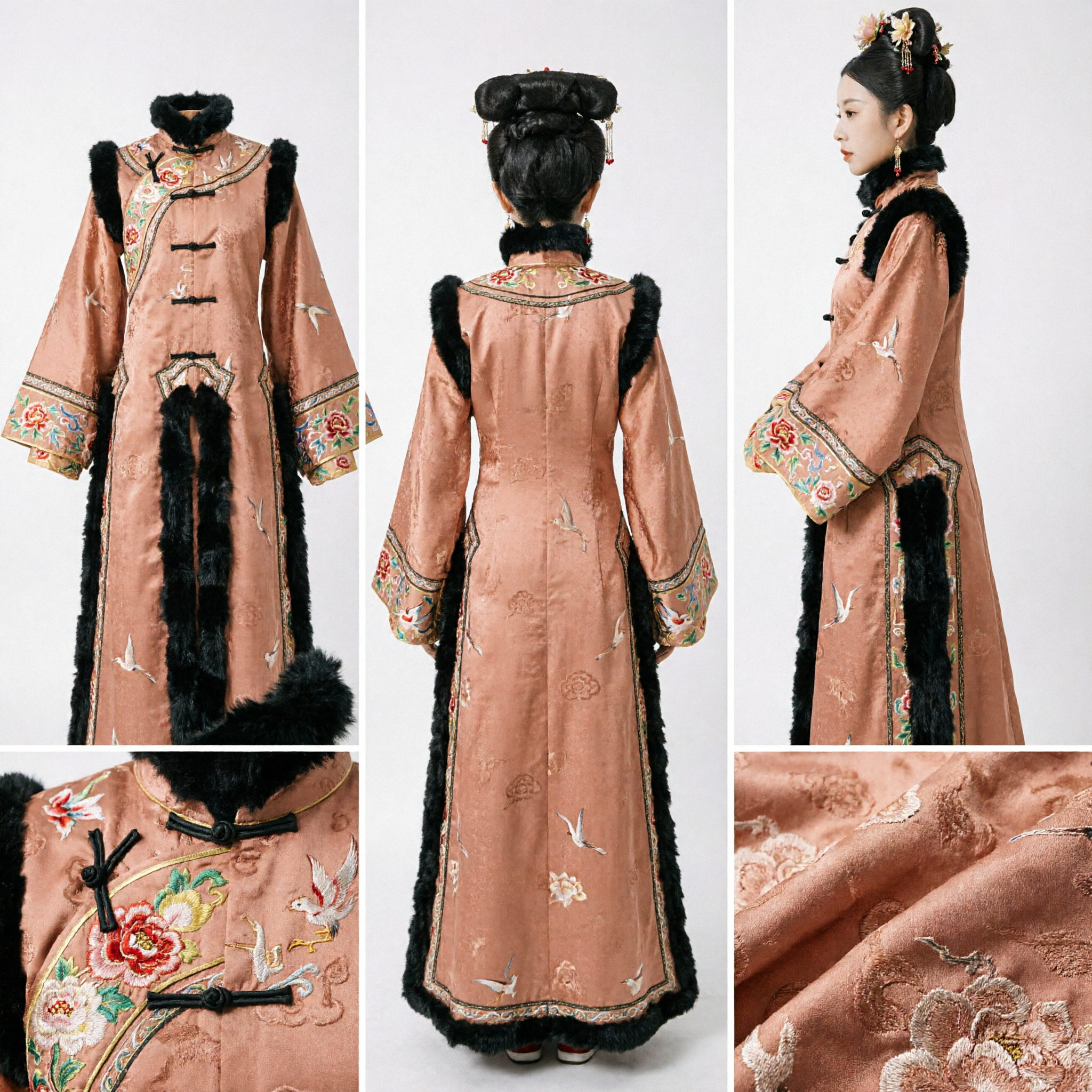 Traje Tradicional de Princesa Manchu de la Dinastía Qing Vestido Bordado Melocotón con Ribete de Piel para Cosplay de Mujeres - Asian Costume