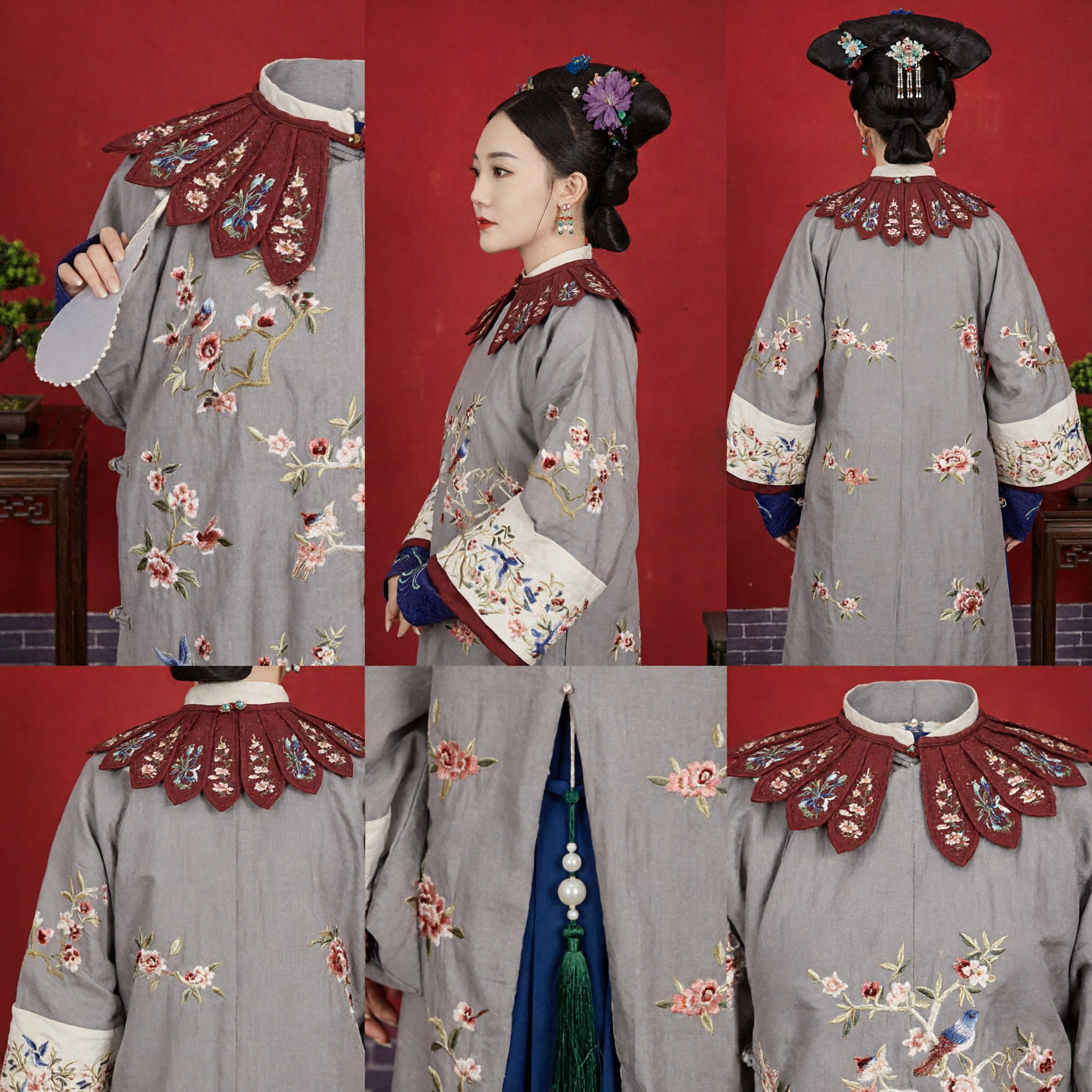Traje Tradicional Chino de Mujer Noble de la Dinastía Qing Túnica con Bordado Floral Gris Vestido de Princesa Antigua para Fotografía - Asian Costume