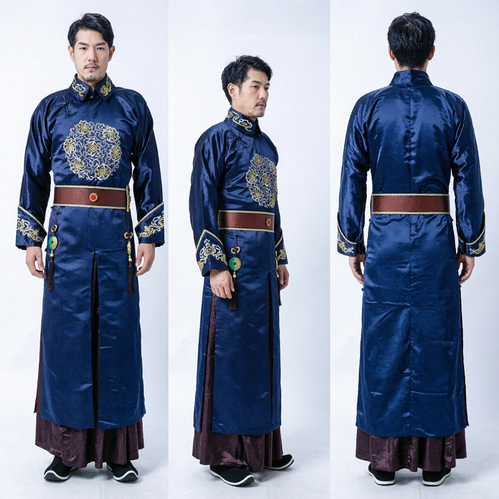 Robe Azul Marinho Tradicional Mongol Chinês para Homens Traje Antigo de Cavaleiro Bordado para Performance em Palco e Cosplay - Asian Costume