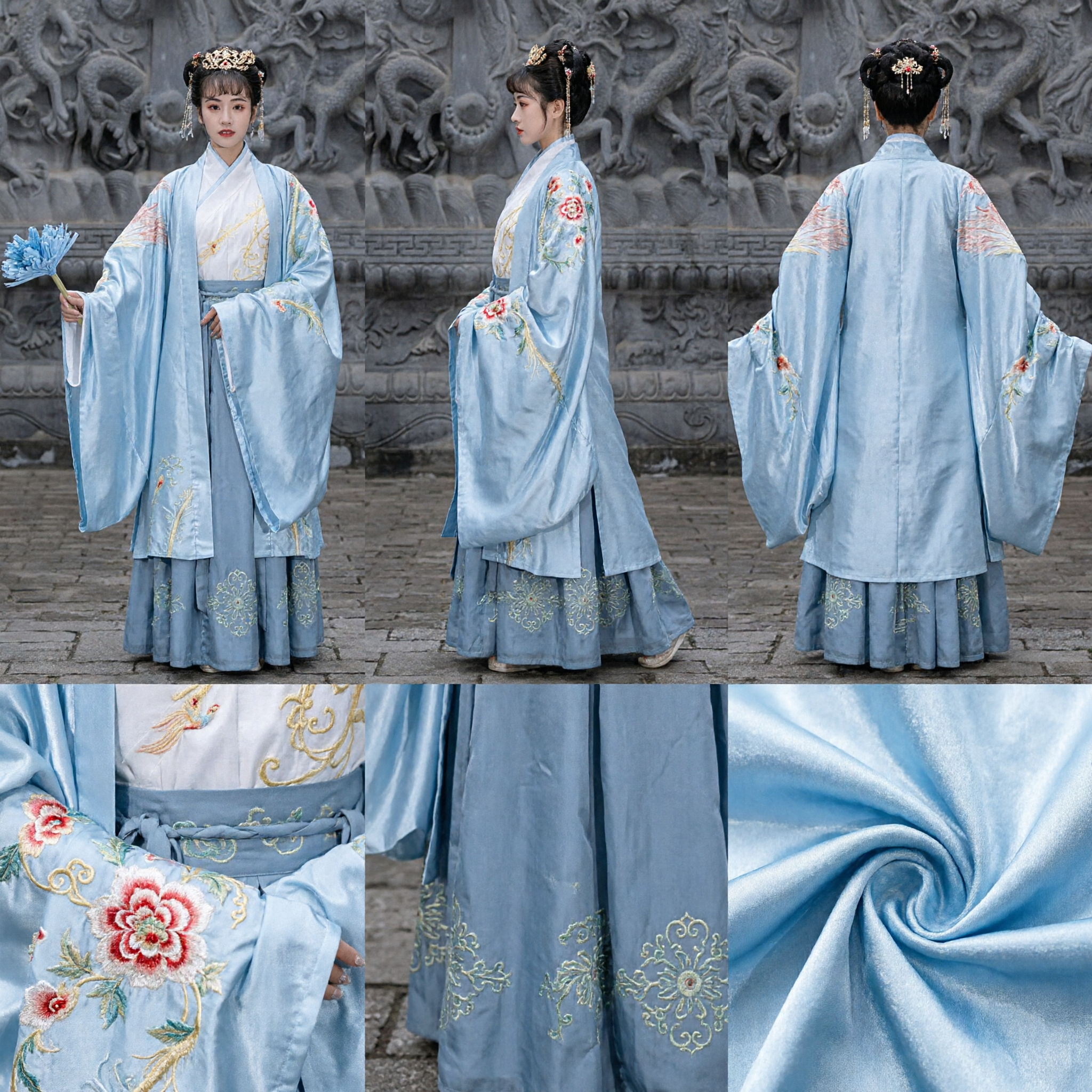 Chinees Traditioneel Hanfu Oud Paleis Prinses Kostuum Lichtblauw Geborduurde Wijde Mouw Jurk voor Vrouwen - Asian Costume