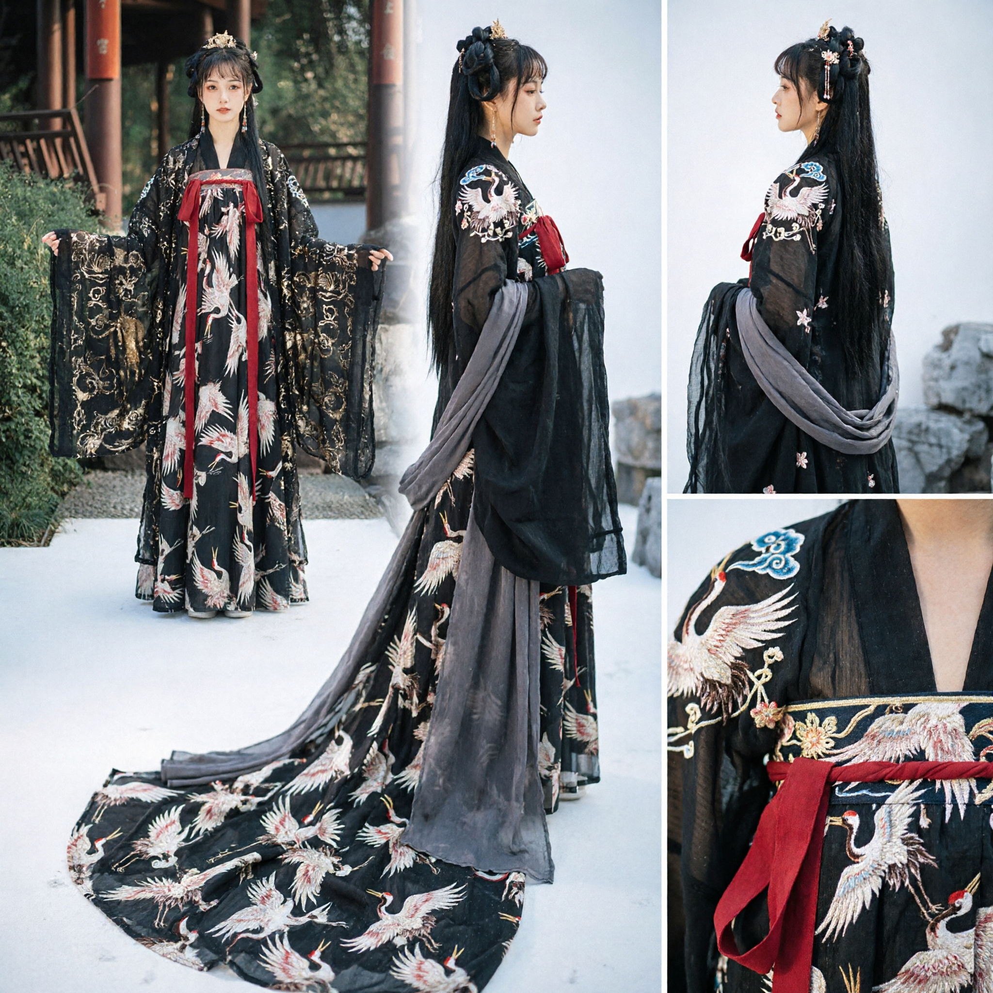 Elegante Traje Tradicional Chino Hanfu Negro de la Dinastía Tang Vestido con Estampado de Grulla Antigua para Mujer Cosplay Histórico - Asian Costume