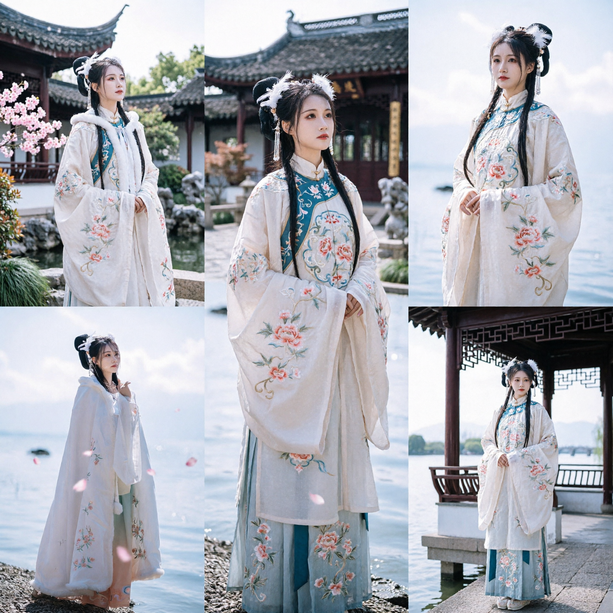 古代中国漢服 白毛皮マントケープ 花刺繍付き 女性用 冬コスプレ撮影 - Asian Costume