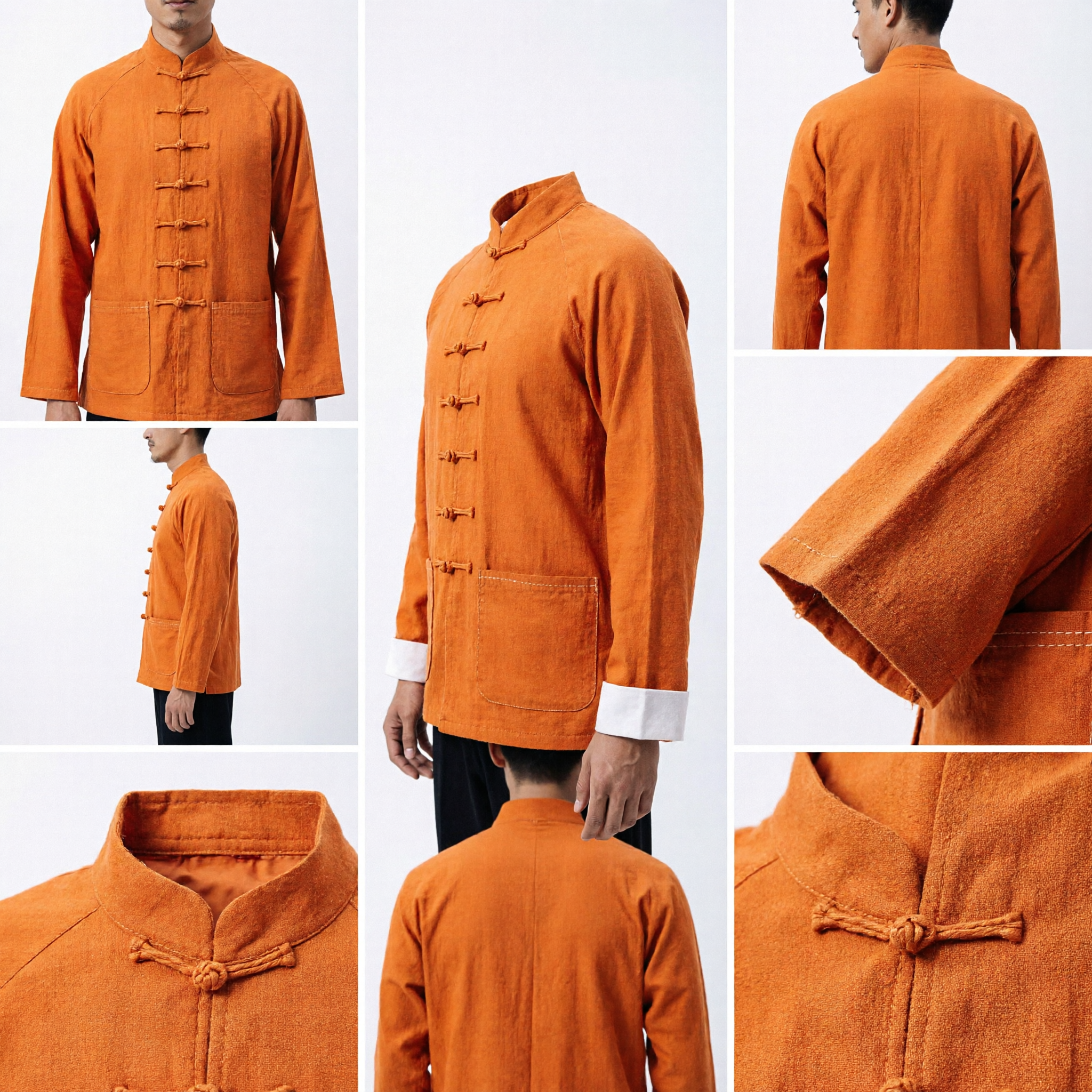 Casaco Tradicional Chinês Tang Laranja para Homens, Manga Longa, Uniforme de Kung Fu Tai Chi para Artes Marciais - Asian Costume