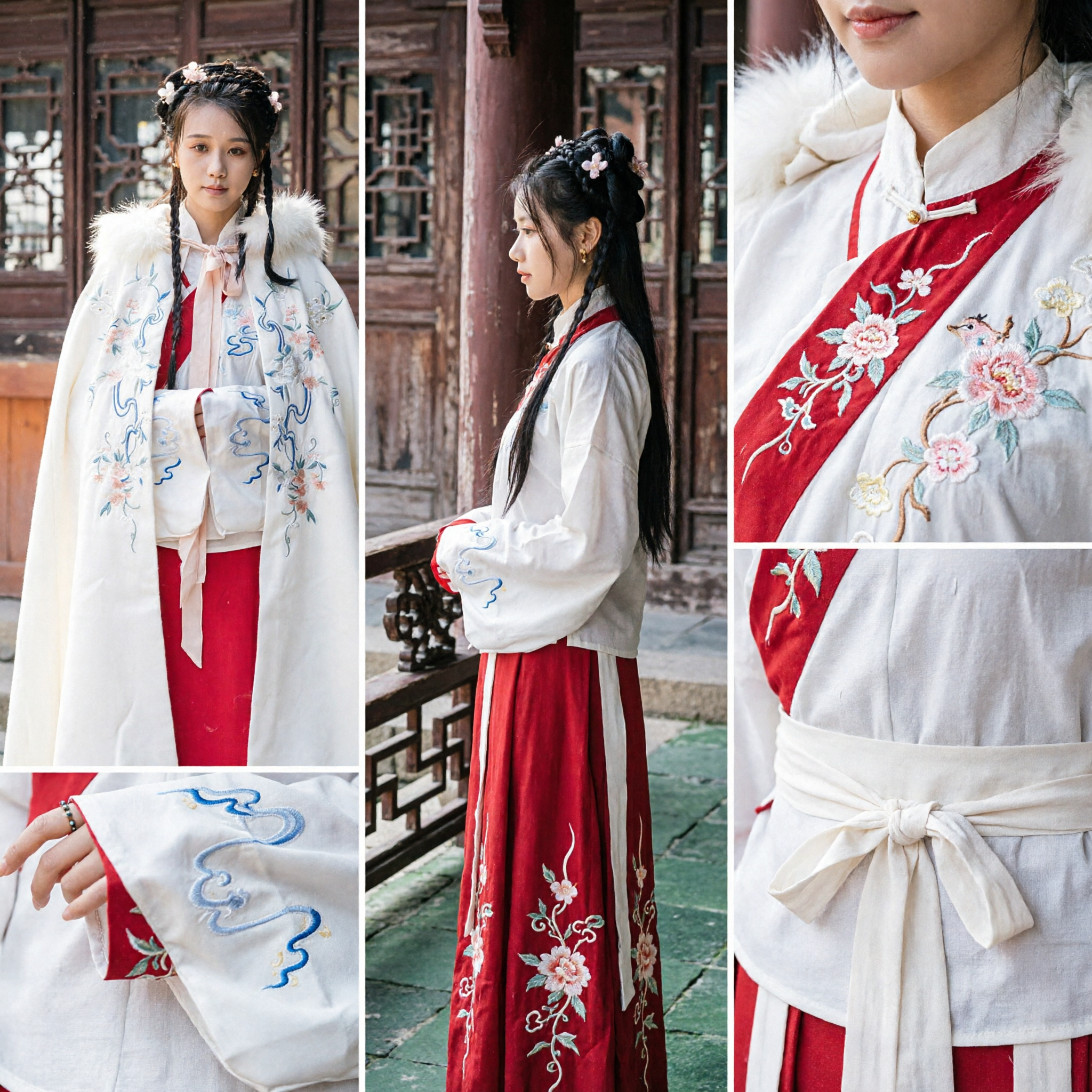 Capa Tradicional Chinesa Hanfu com Gola de Pele Branca e Bordado, Traje de Estilo Antigo para Mulheres - Asian Costume