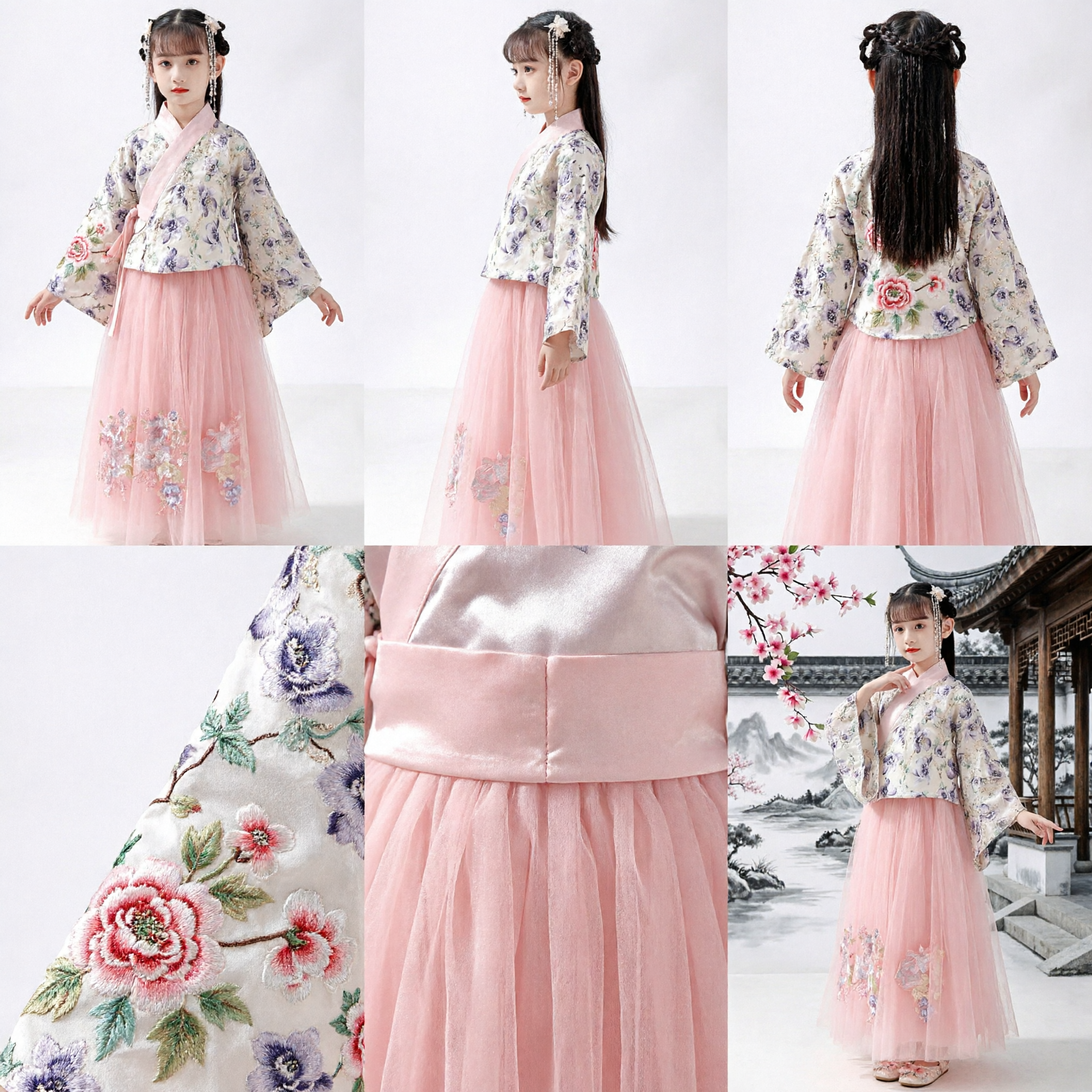 Hanfu Tradicional Chino para Niñas, Traje Antiguo Infantil, Chaqueta Floral y Falda de Tul Rosa, Vestido para Presentaciones - Asian Costume