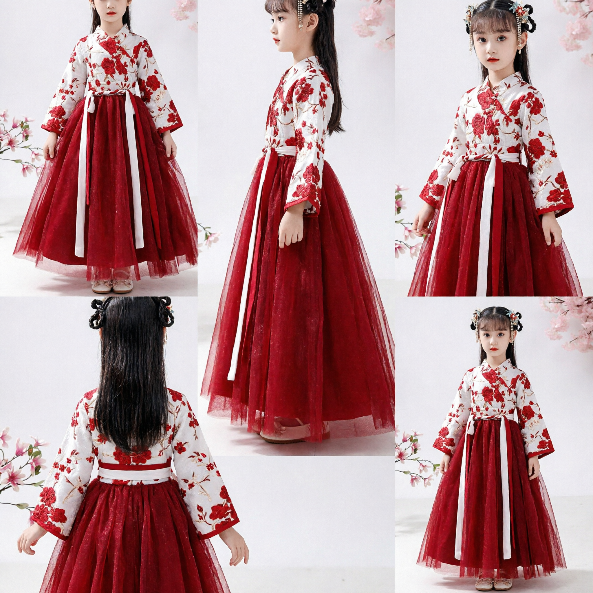 Traditionele Chinese Hanfu Jurk voor Meisjes Rode Bloemen Antieke Stijl Prinses Kostuum voor Kinderen Optreden - Asian Costume