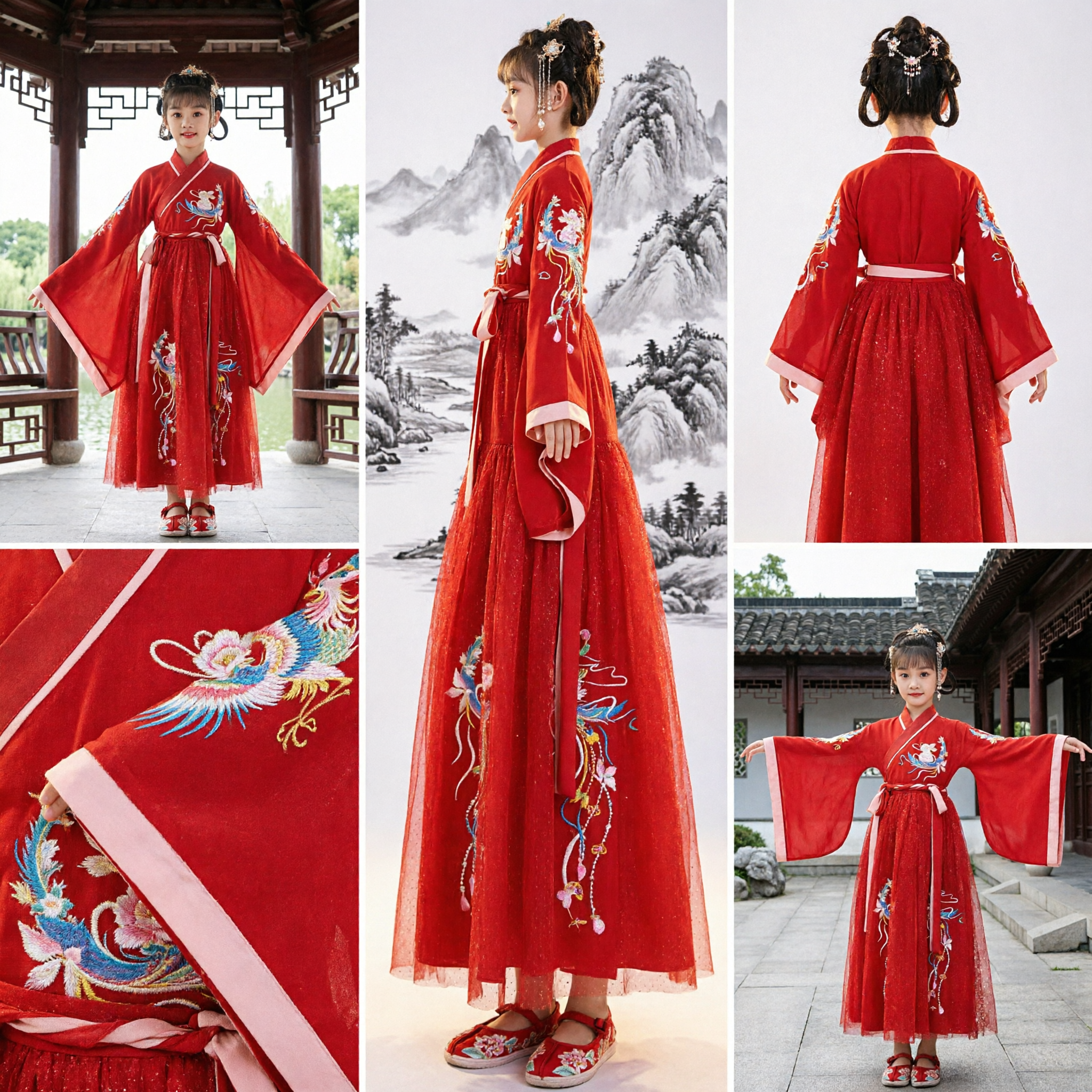 Hanfu chinois traditionnel pour enfants filles - Robe ancienne rouge de la dynastie Tang pour le Nouvel An et les spectacles - Asian Costume