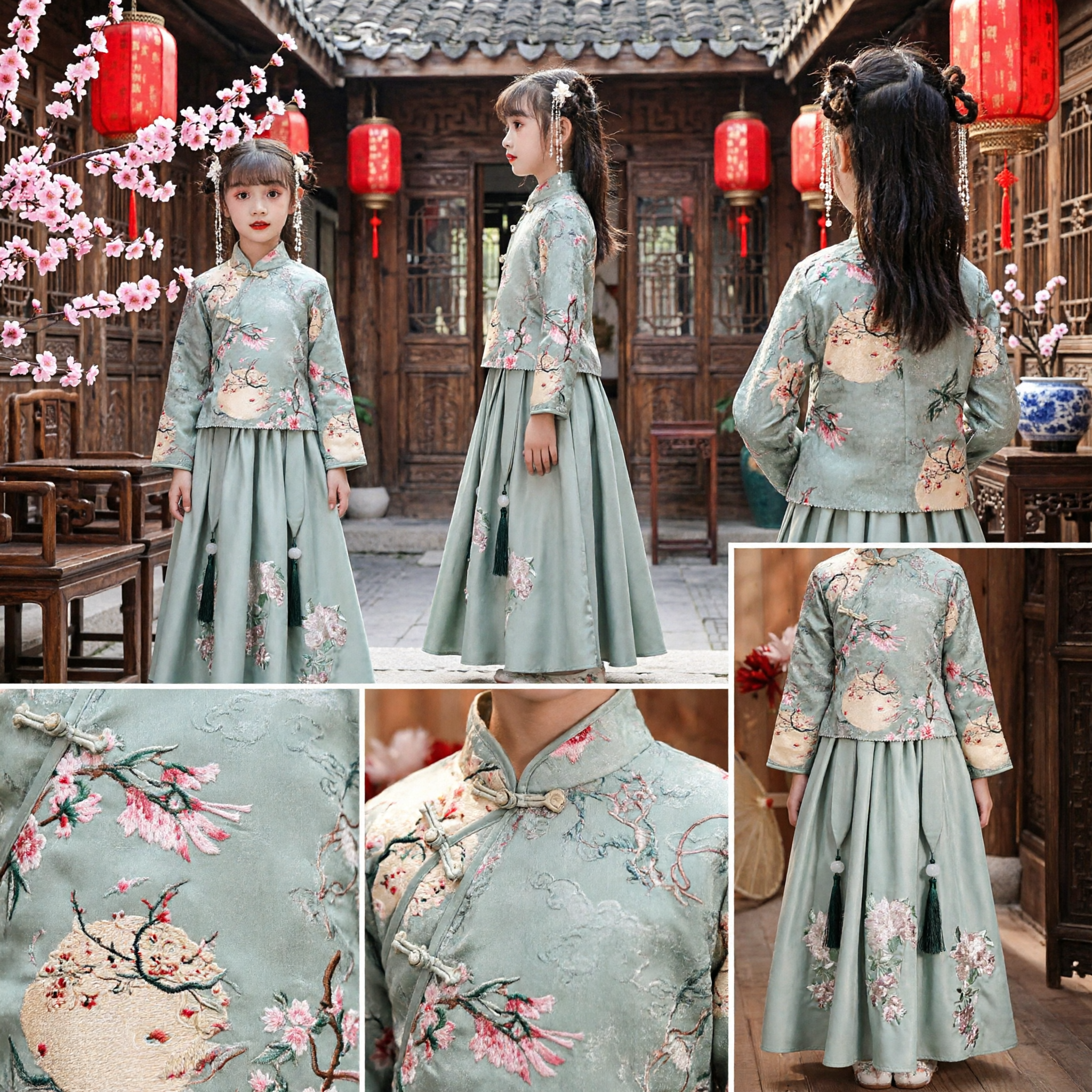 Hanfu cinese tradizionale per bambine, costume da principessa antico con ricamo floreale per esibizioni durante il Festival di Primavera - Asian Costume