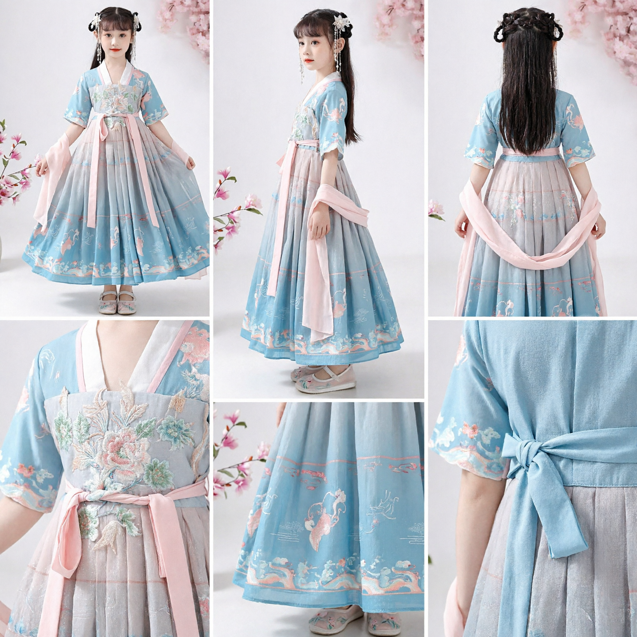 Vestido Hanfu Tradicional Chinês para Meninas, Traje de Princesa Bordado da Dinastia Tang em Azul e Rosa, Roupa Infantil - Asian Costume