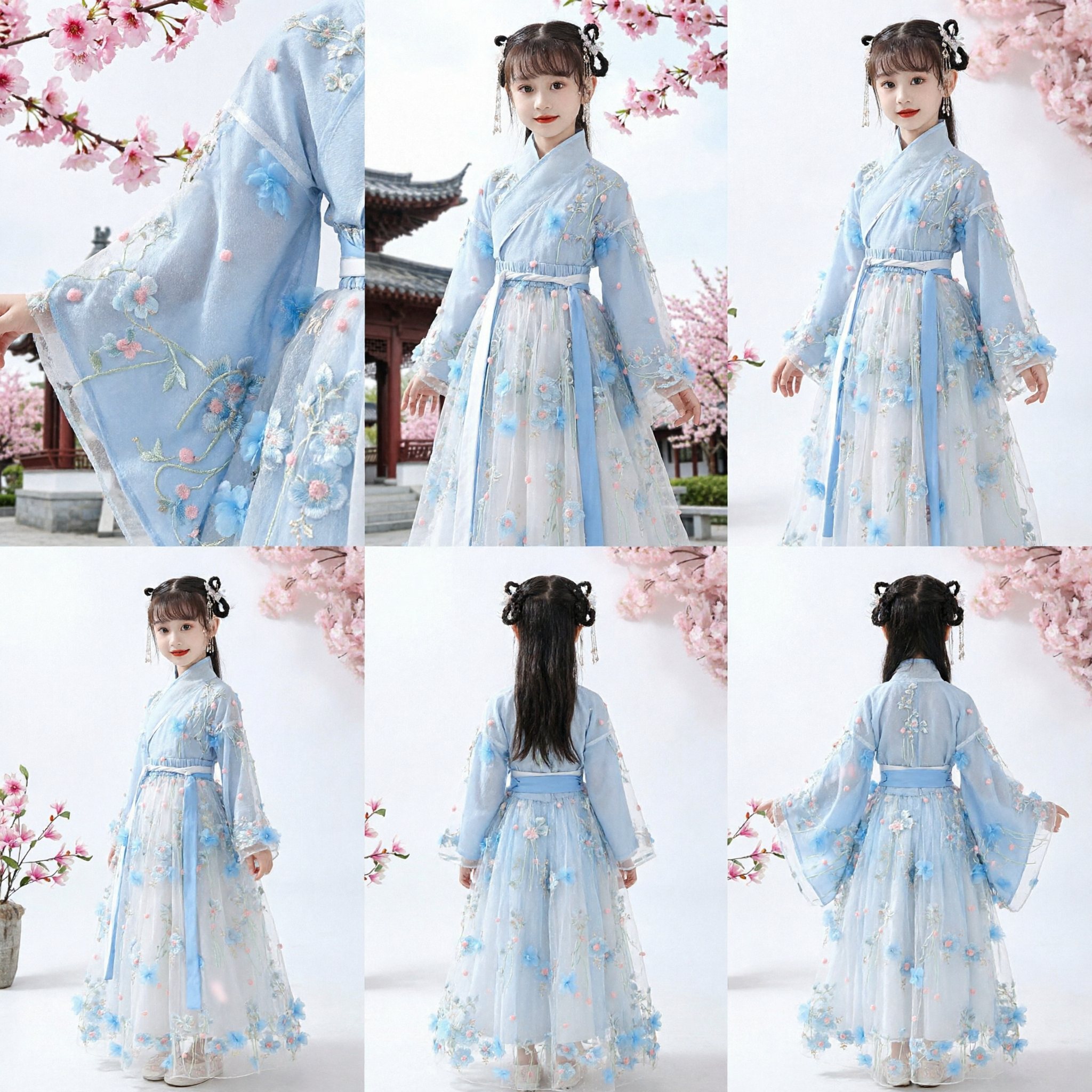 Abito Hanfu cinese per bambine con ricamo floreale blu, costume tradizionale da fatata, abbigliamento antico per bambini - Asian Costume