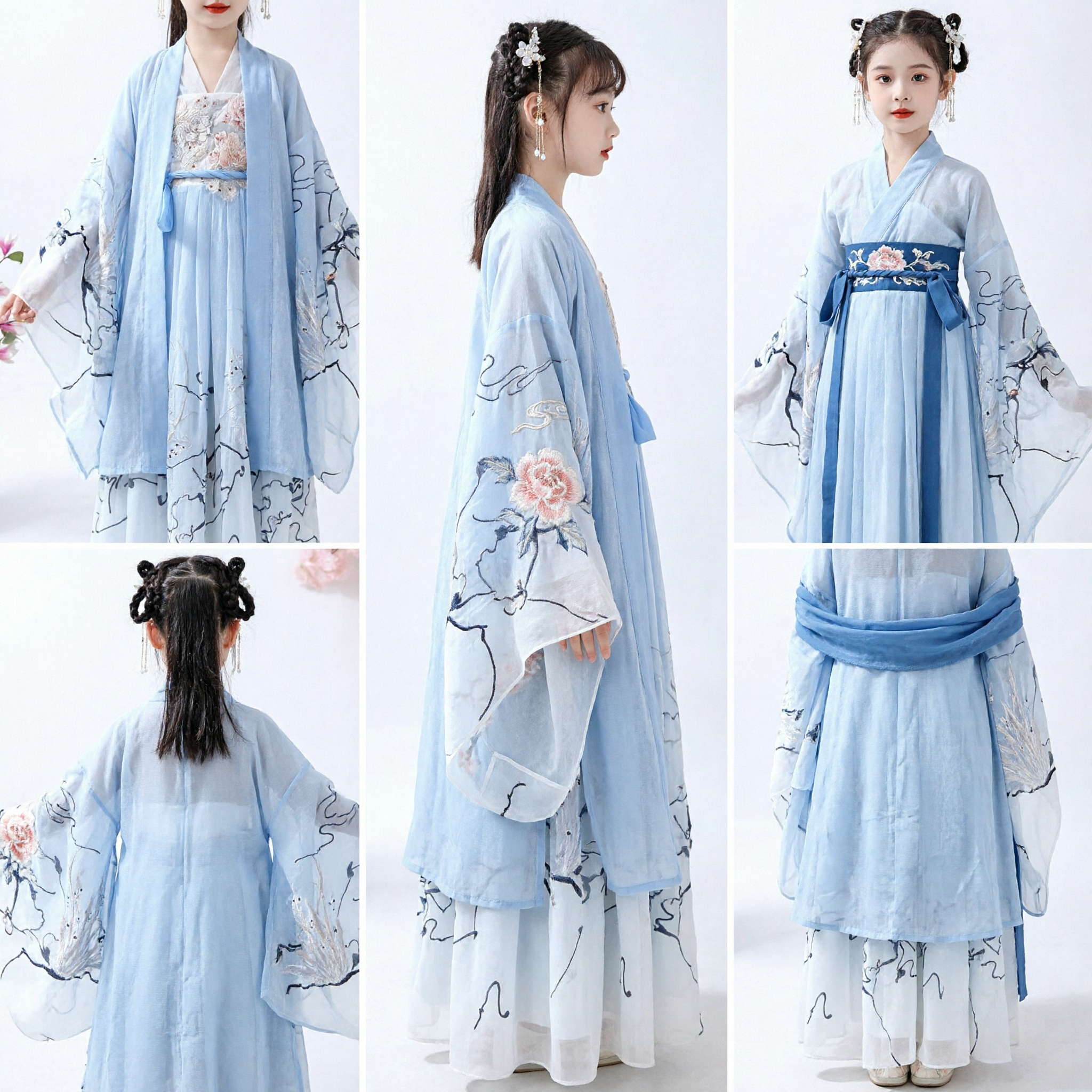 Детское традиционное китайское платье ханьфу, синий древний костюм в технике тушевой живописи для девочек, для праздничных выступлений - Asian Costume
