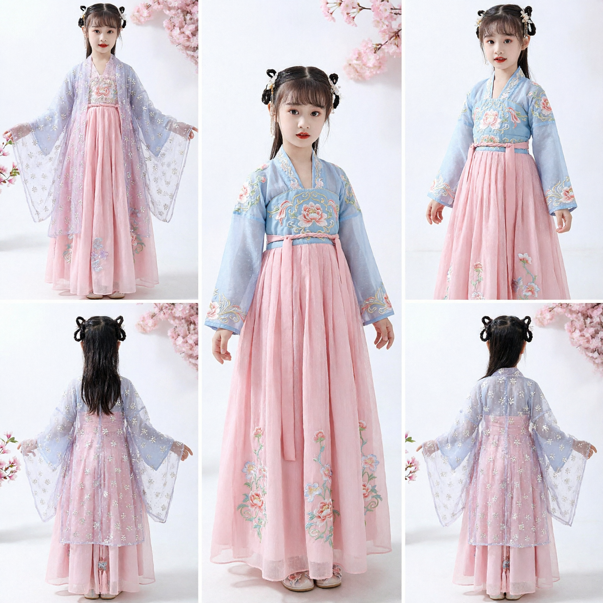 Kids Chinese Traditional Hanfu Costume Girls Tang Dynasty Fairy Dress Pink Skirt Blue Floral Robe - Asian Costume