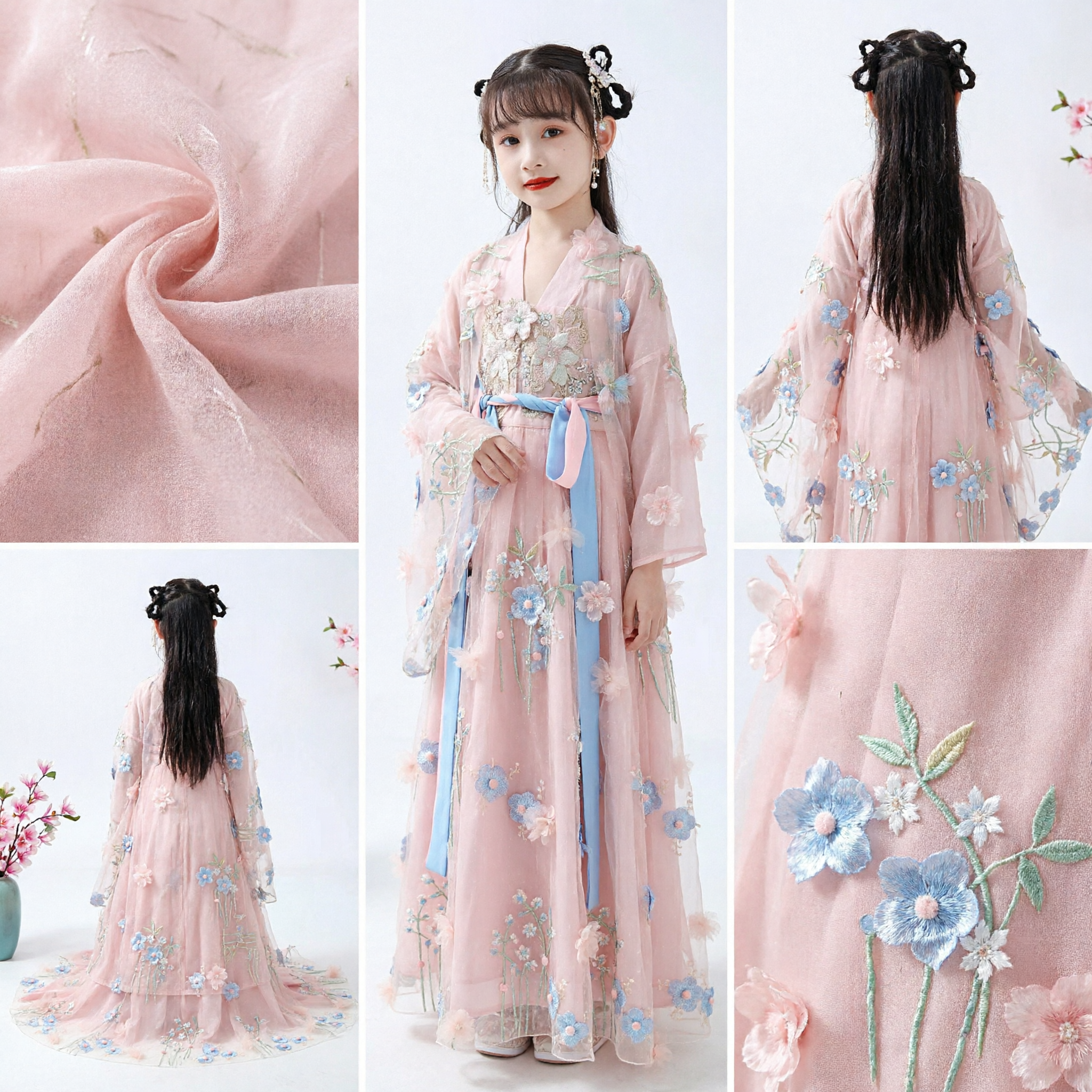 Costume Hanfu chinois traditionnel pour filles - Robe princesse ancienne brodée de motifs floraux roses pour spectacle et fête - Asian Costume