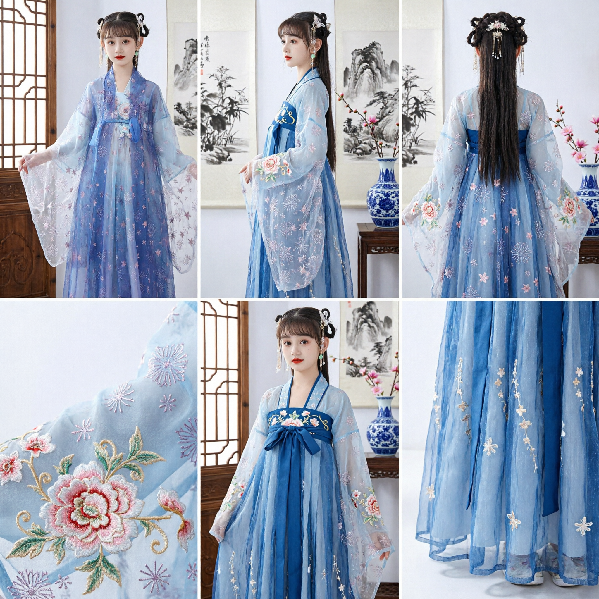 Abito Hanfu cinese tradizionale per bambine, costume da fatata della dinastia Tang blu con motivo cielo stellato per esibizioni - Asian Costume